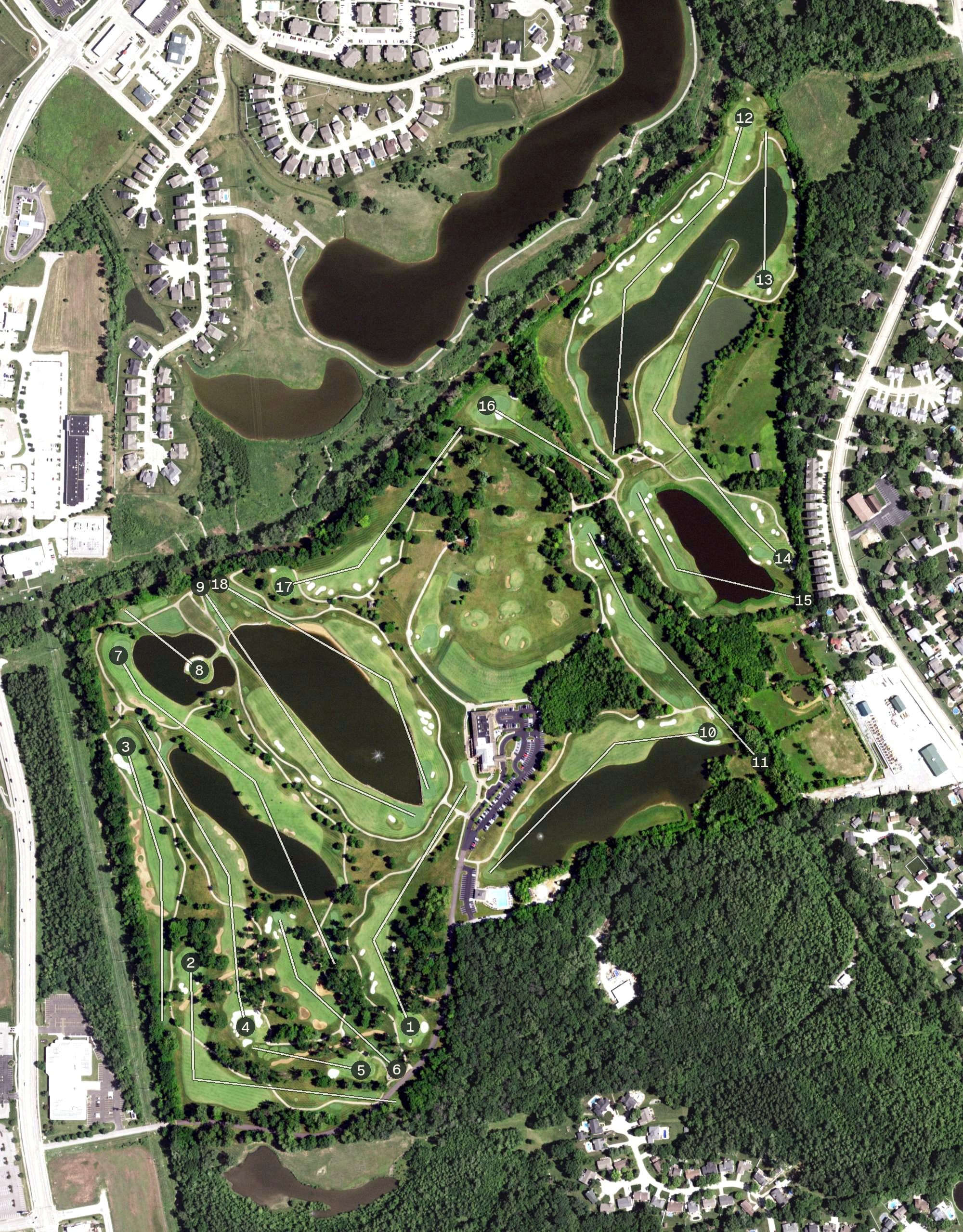 Aerial view of Old Hickory Golf Club, MO, with its hole routing marked