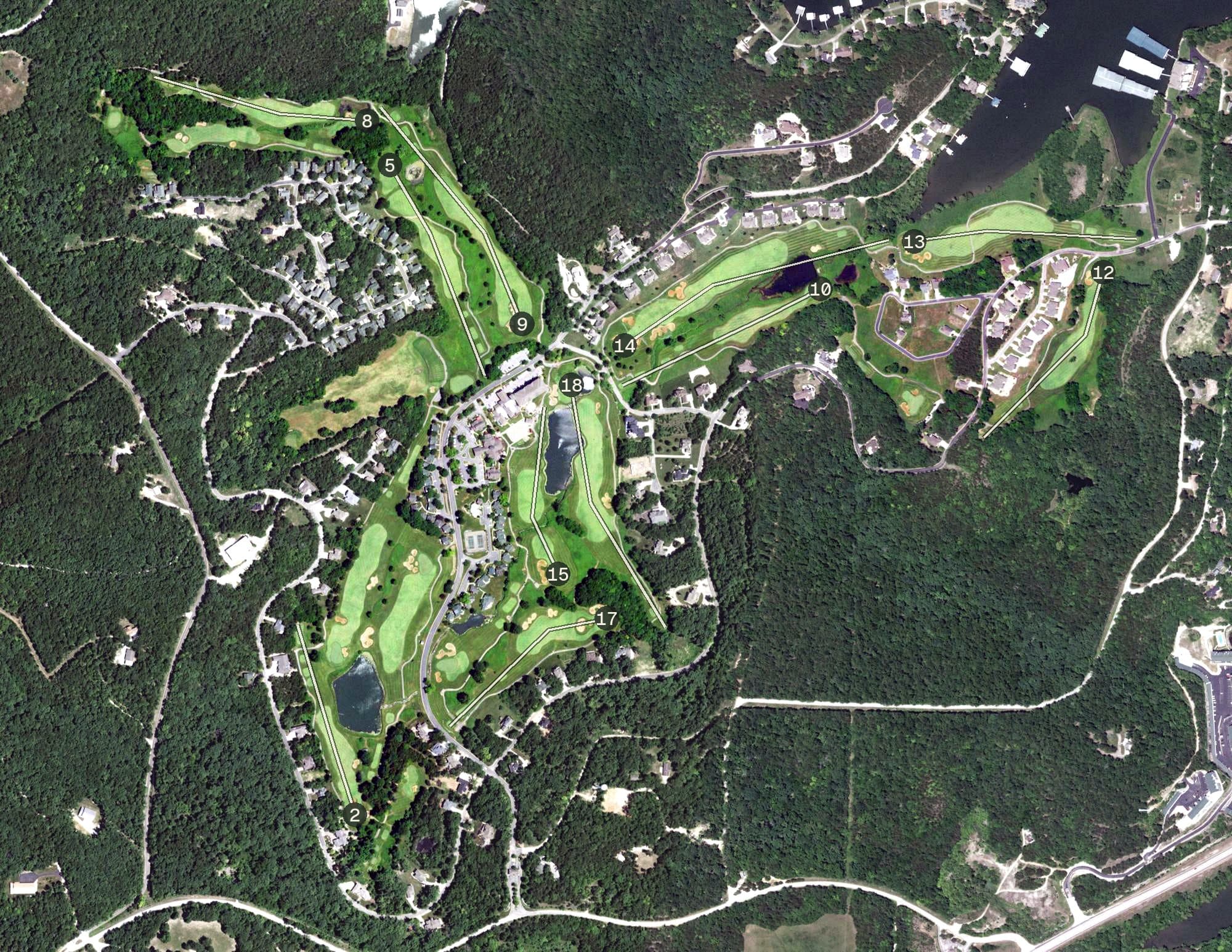 Aerial view of Old Kinderhook Resort, Golf, Club & Spa, MO, with its hole routing marked