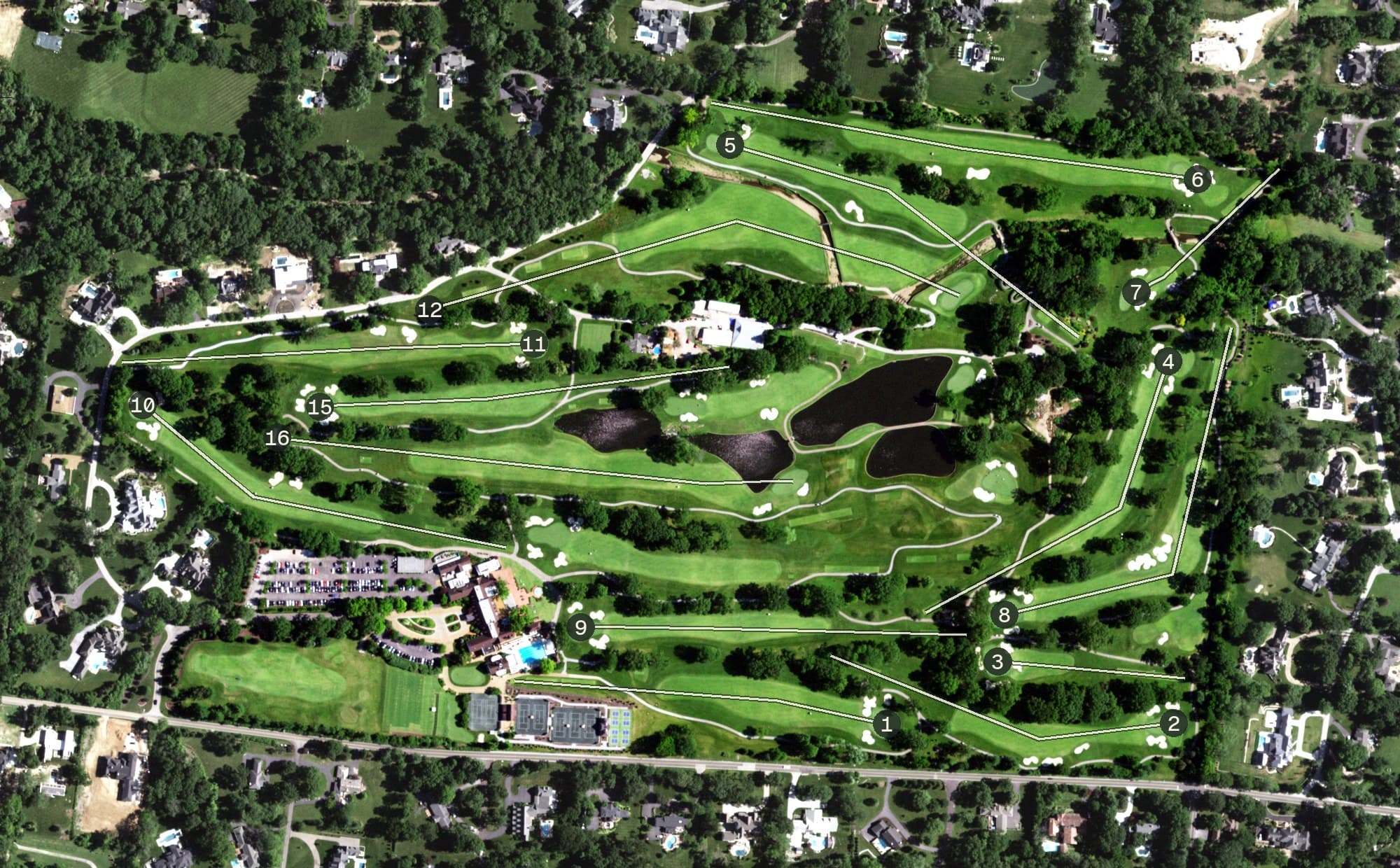 Aerial view of Old Warson Country Club, MO, with its hole routing marked