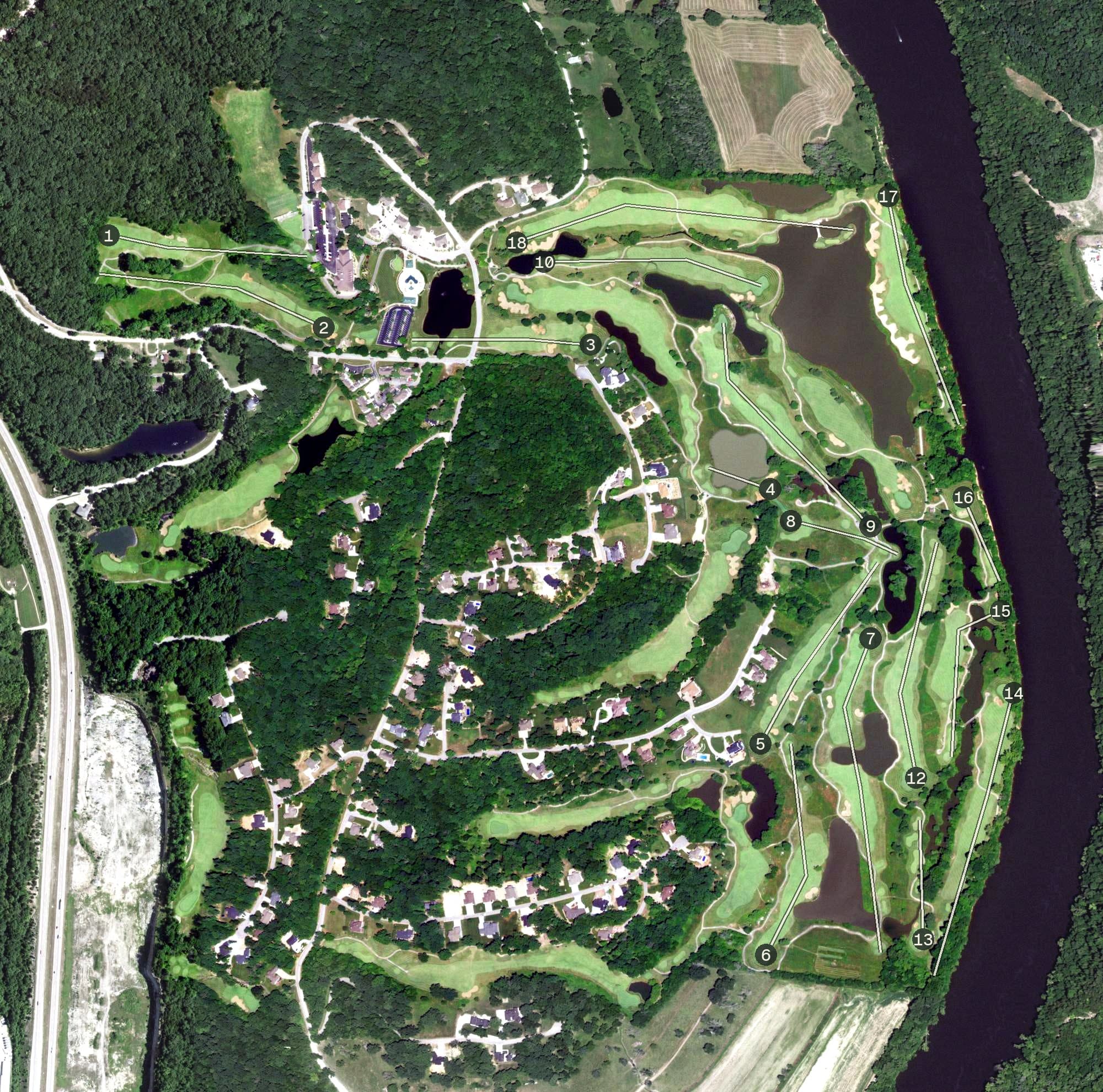 Aerial view of Osage National Golf Club, MO, with its hole routing marked