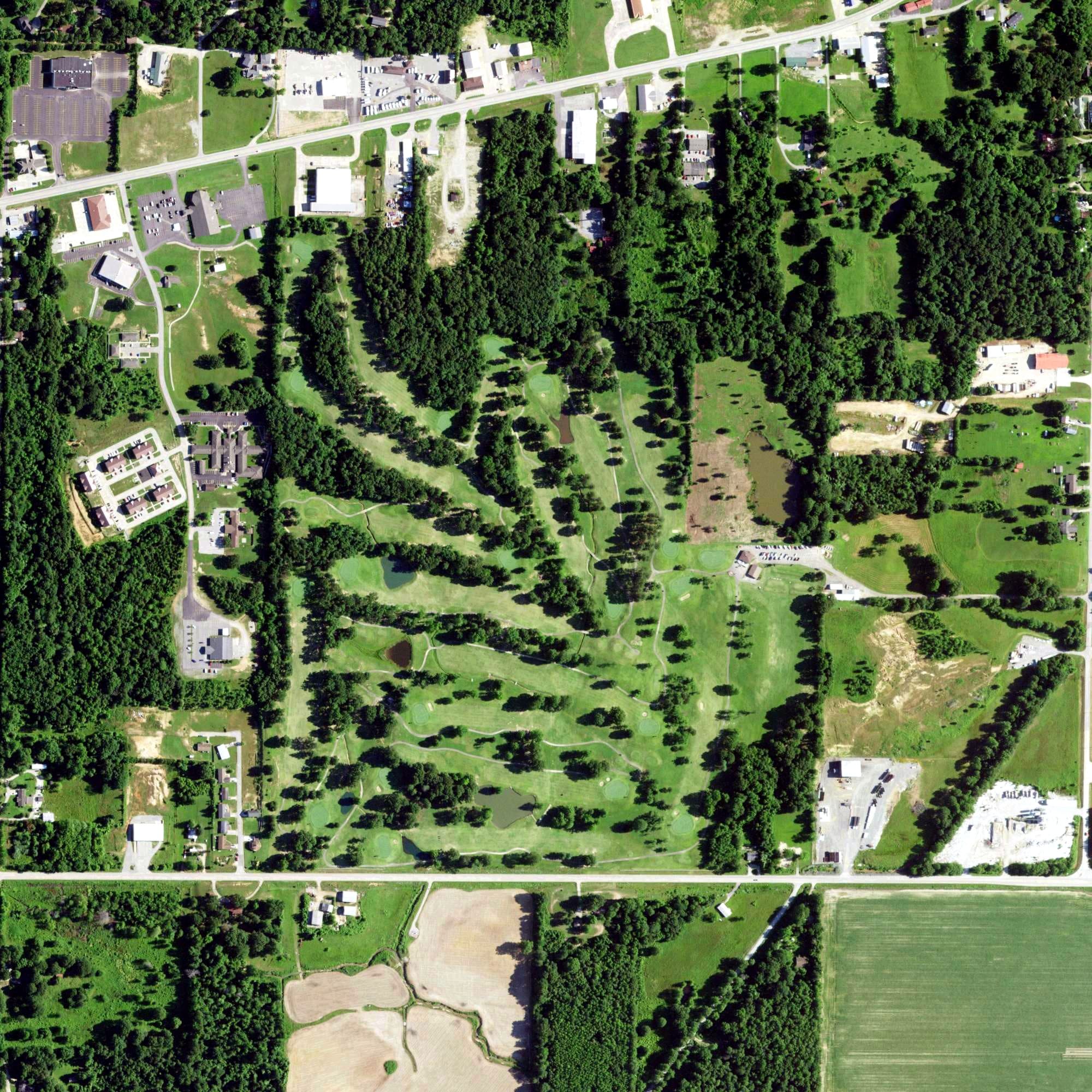 Aerial view of Ozark Ridge Golf Course, MO, with its hole routing marked