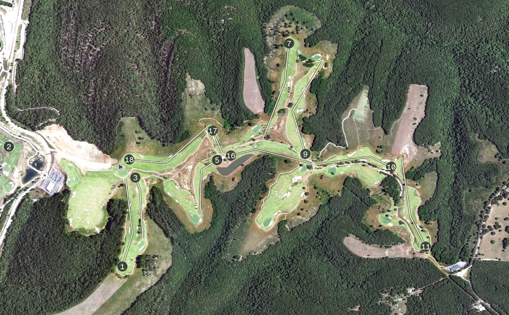 Aerial view of Ozarks National Golf Course, MO, with its hole routing marked