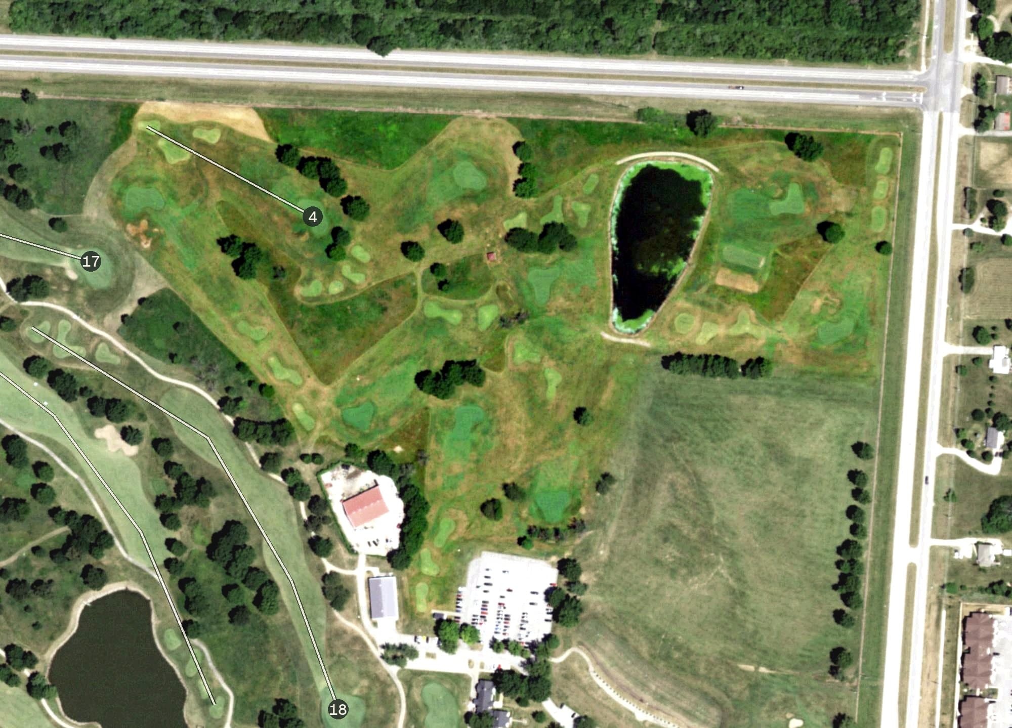 Aerial view of Par 3 course, MO, with its hole routing marked