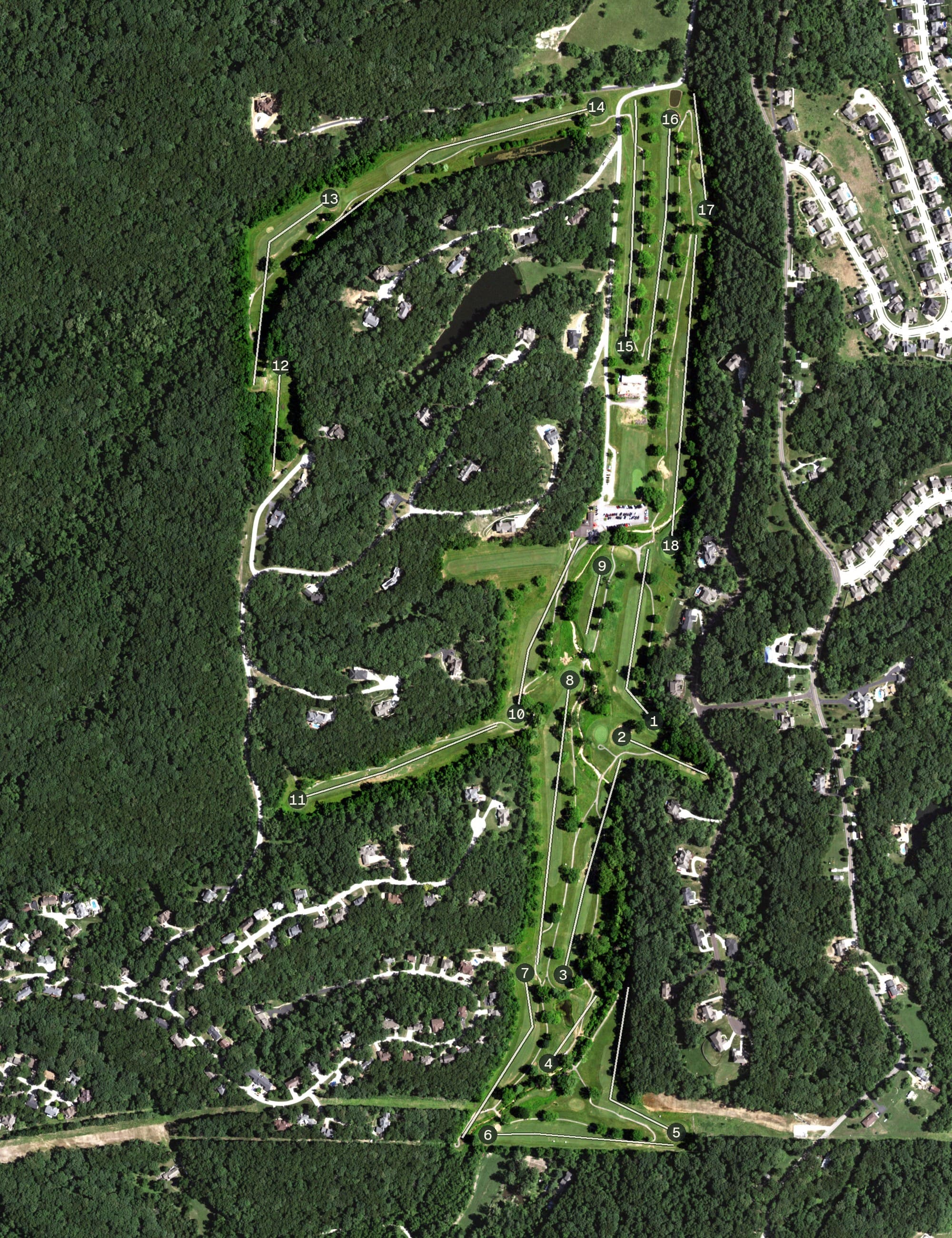 Aerial view of Paradise Valley Golf & Country Club, MO, with its hole routing marked