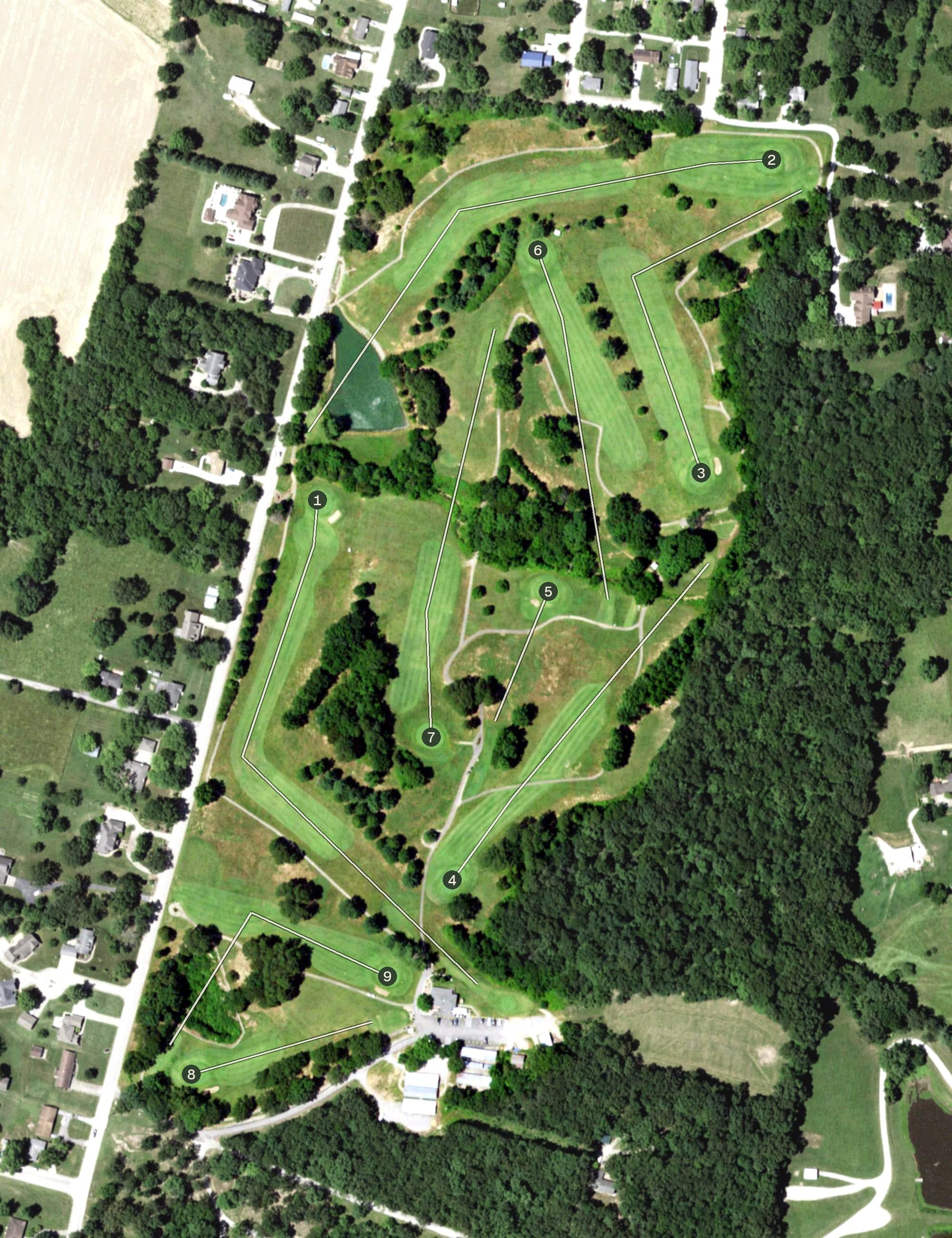 Aerial view of Perryville Country Club, MO, with its hole routing marked