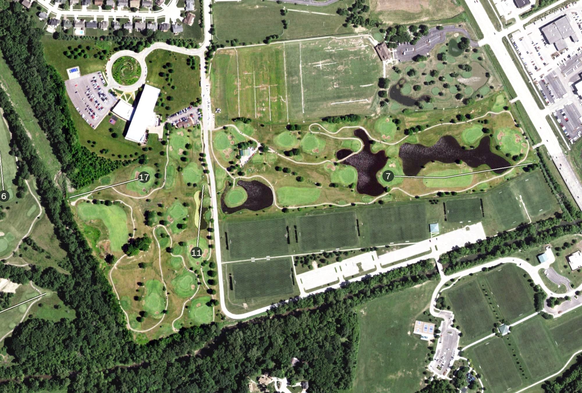 Aerial view of Pheasant Run Golf Course, MO, with its hole routing marked