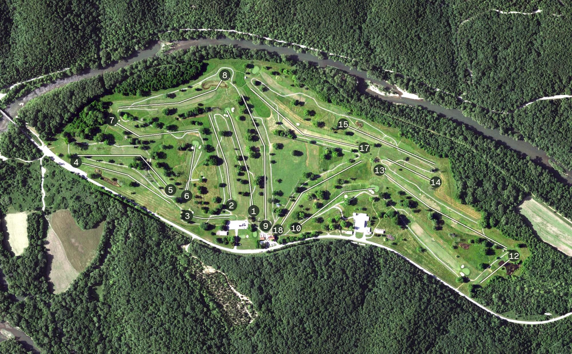 Aerial view of Piney Valley, MO, with its hole routing marked