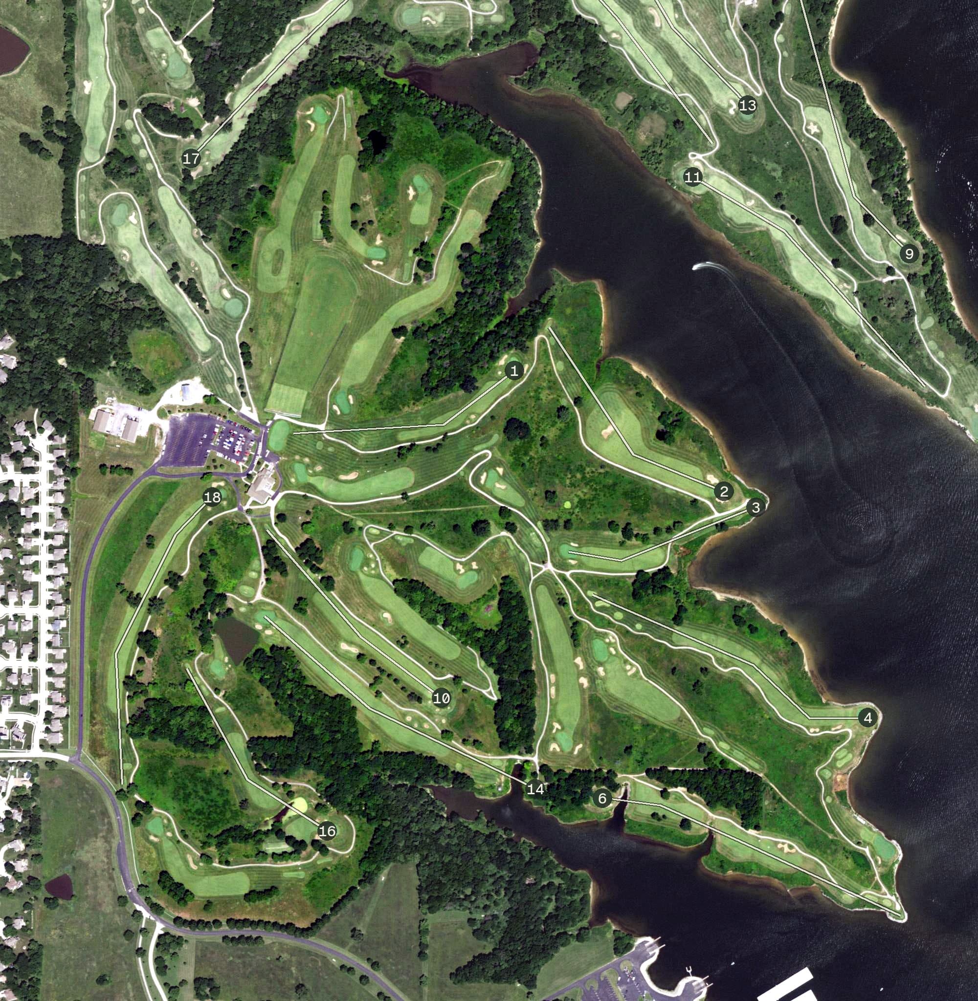Aerial view of Posse, MO, with its hole routing marked