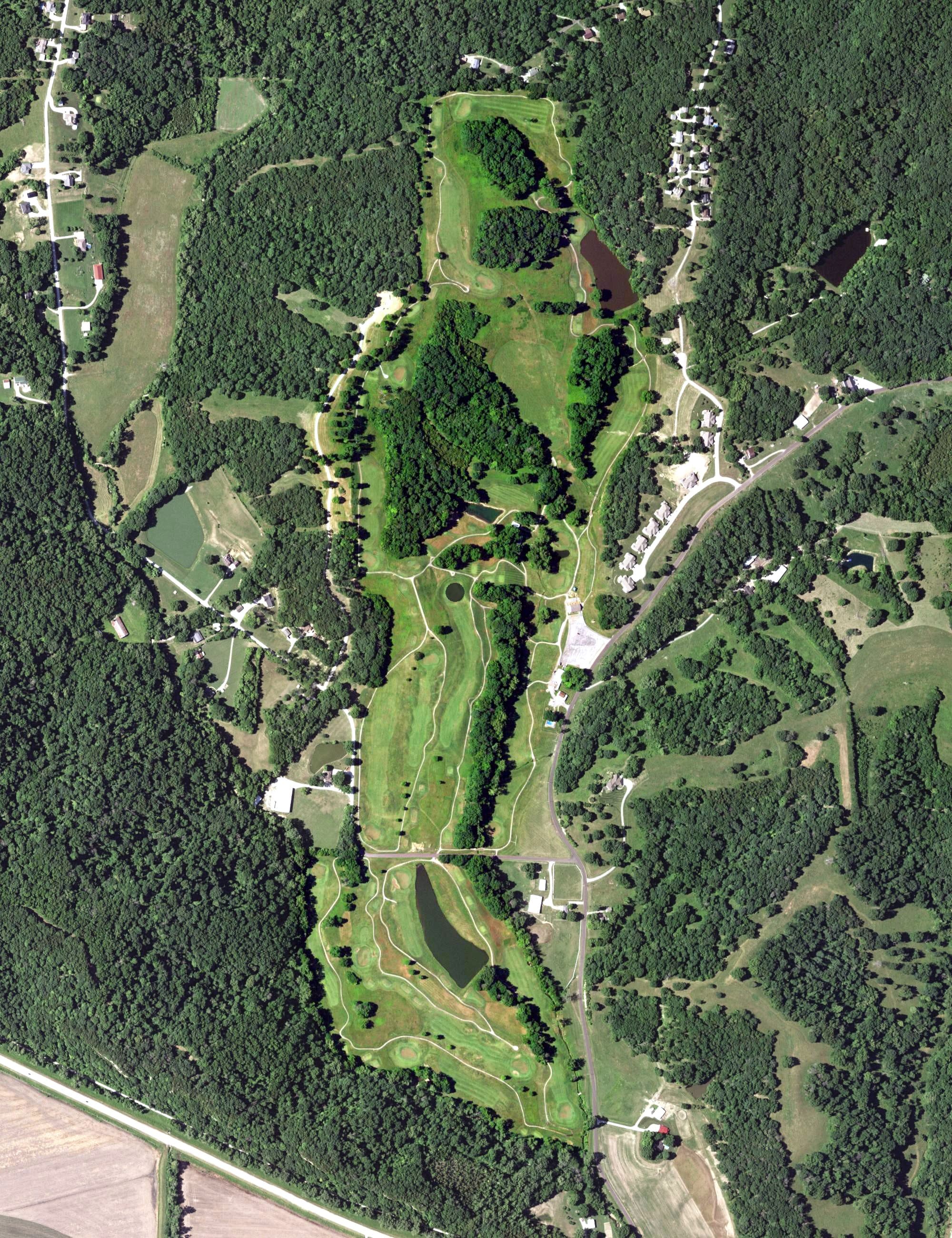 Aerial view of Railwood Golf Club, MO, with its hole routing marked