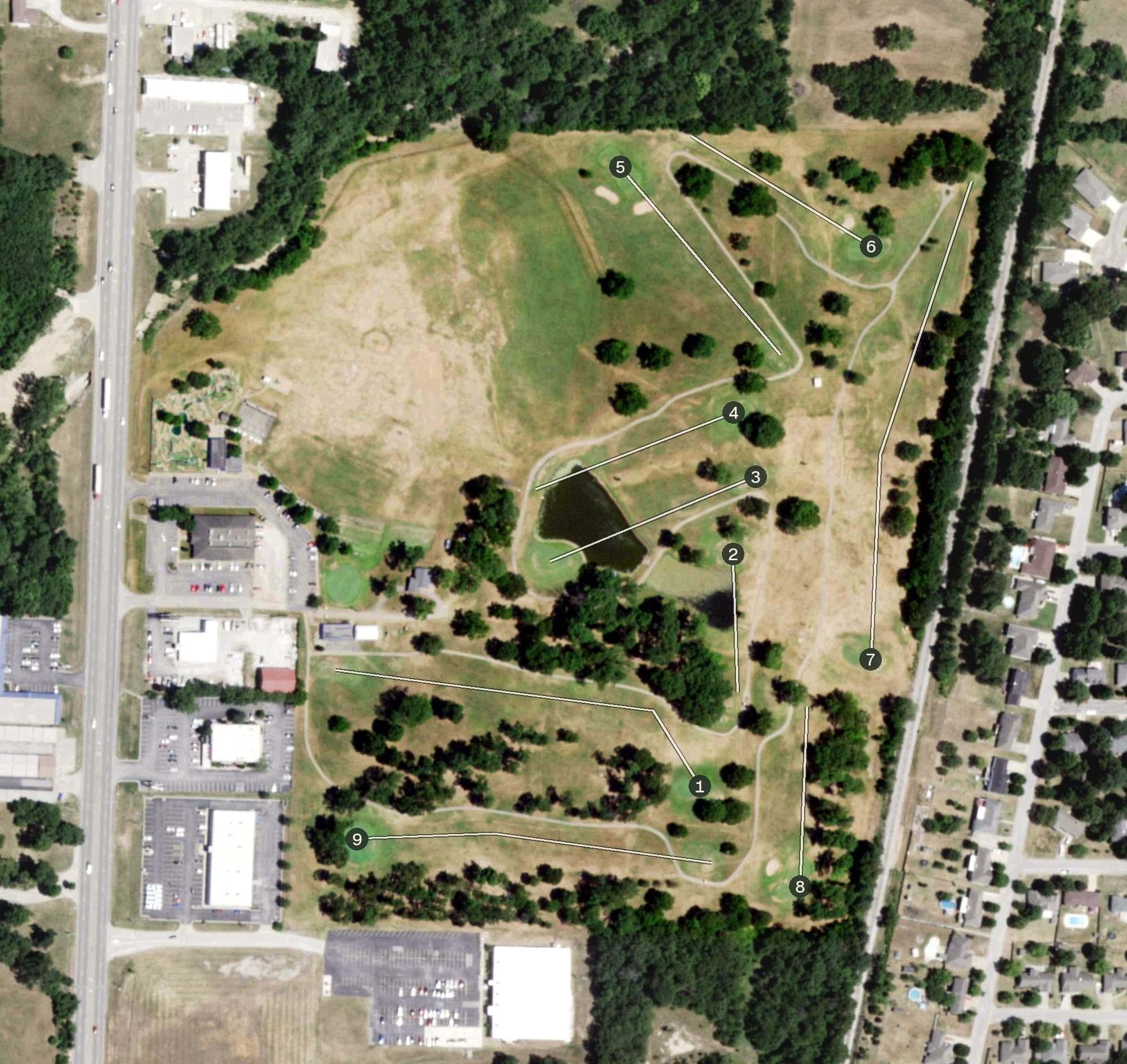 Aerial view of Rangeline Golf Center, MO, with its hole routing marked