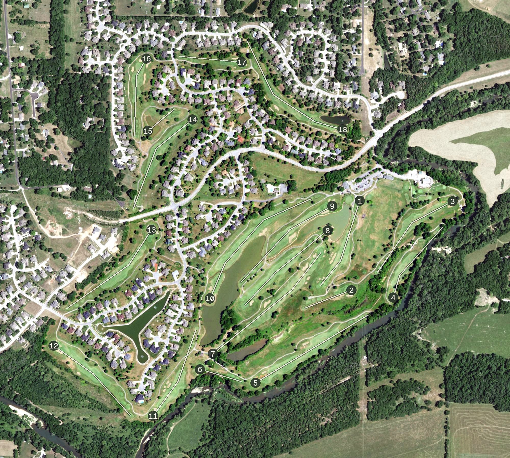 Aerial view of Rivercut Golf Course, MO, with its hole routing marked