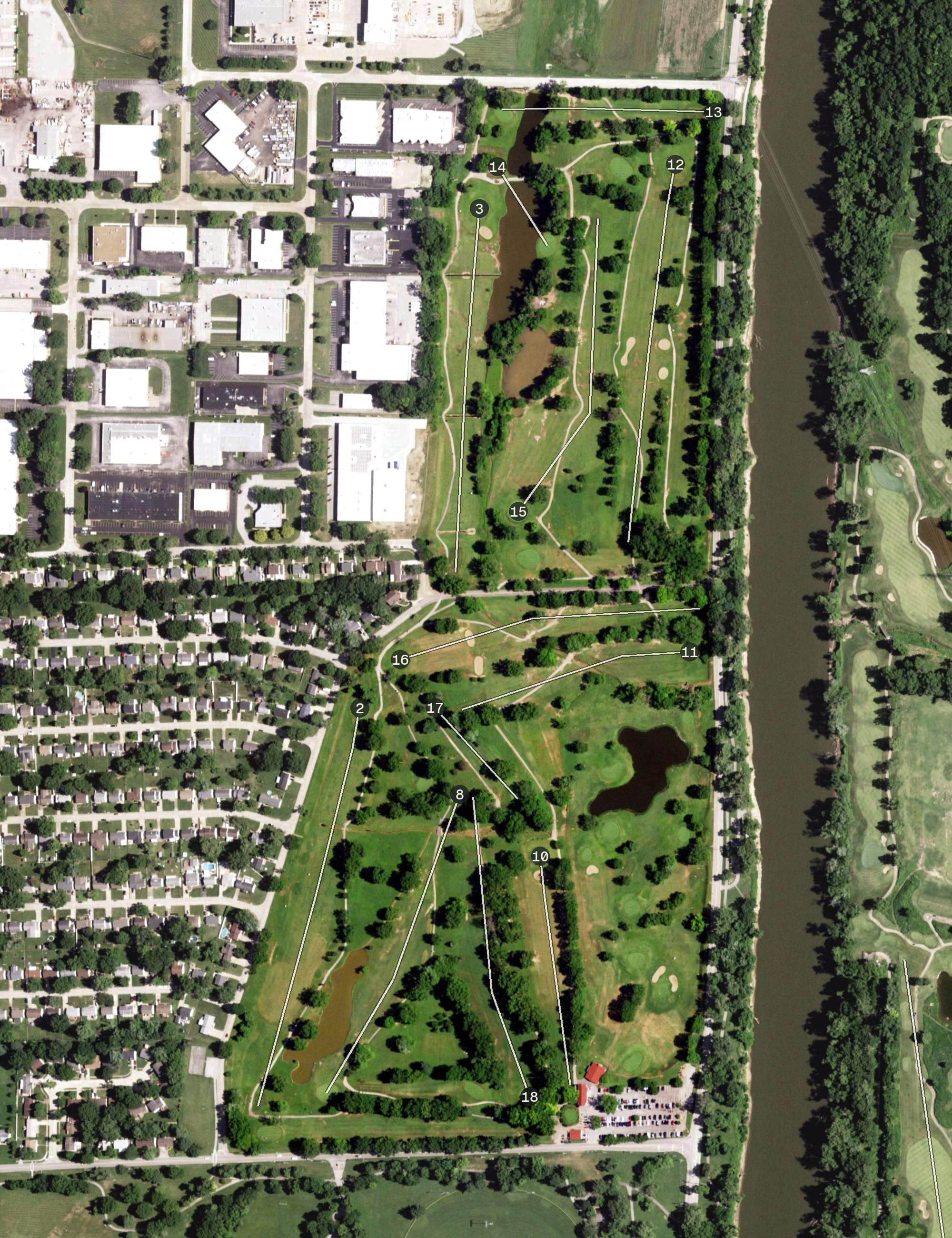 Aerial view of Riverside Golf Course, MO, with its hole routing marked
