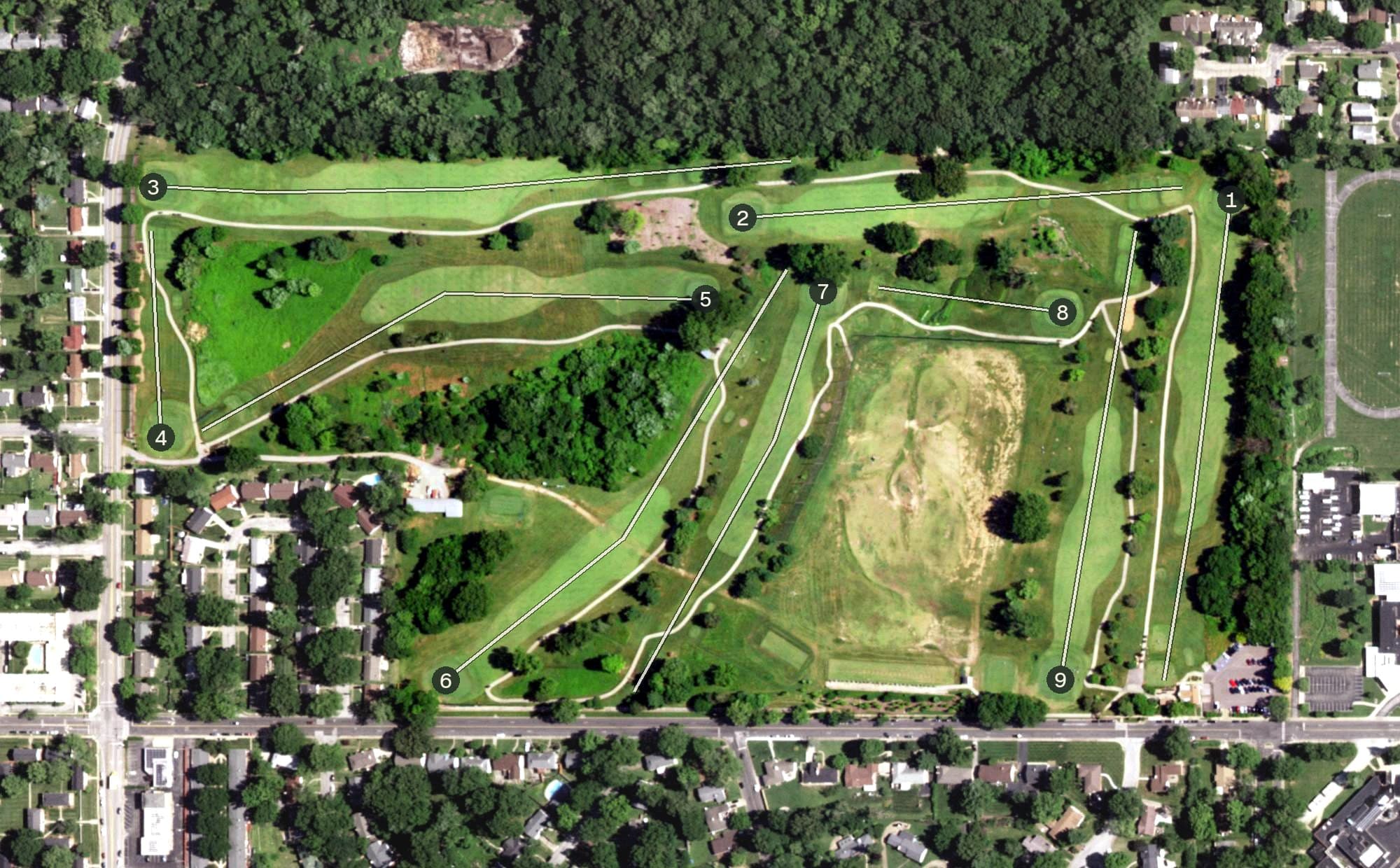Aerial view of Ruth Park Golf Couse, MO, with its hole routing marked
