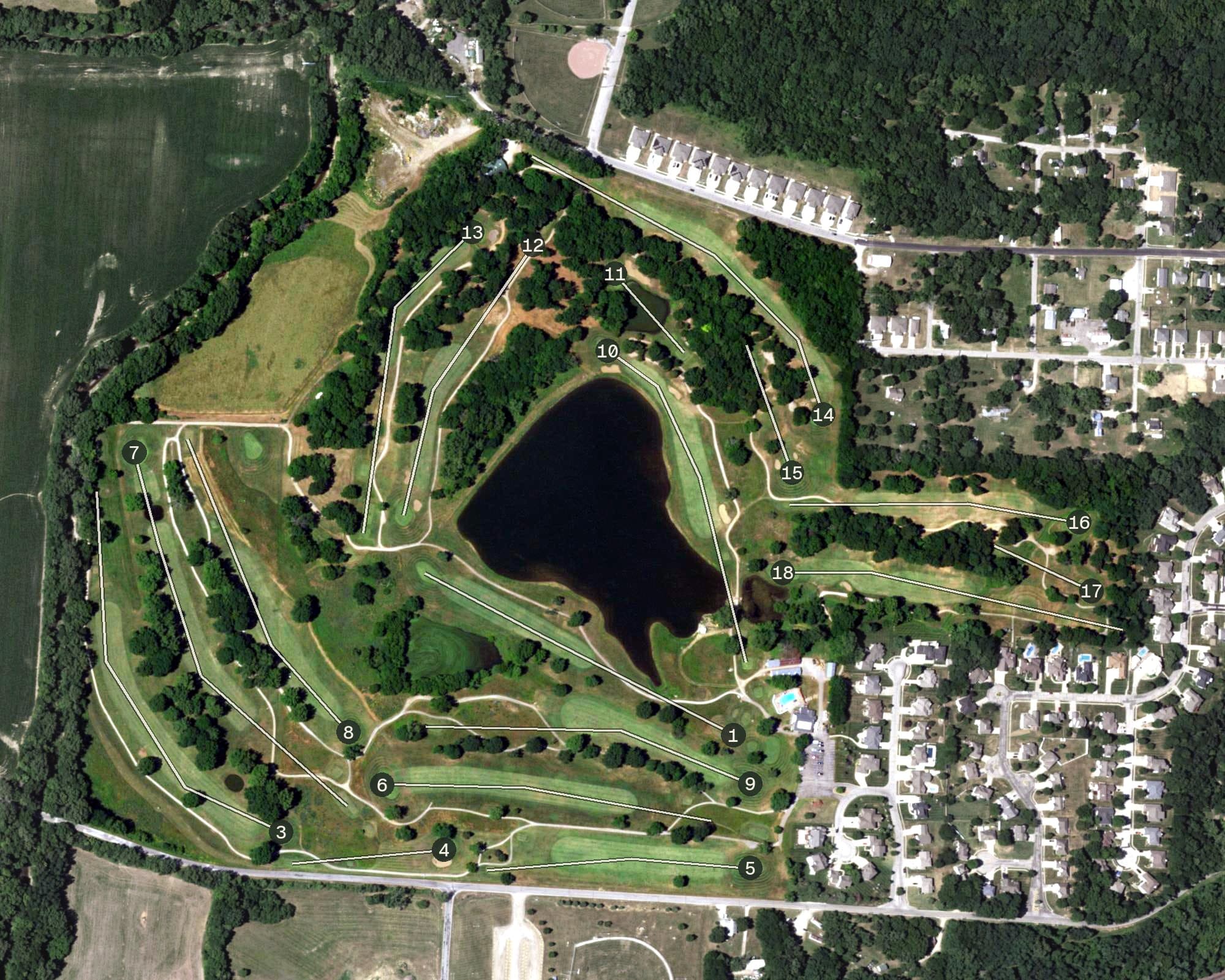 Aerial view of Sandstone Country Club, MO, with its hole routing marked