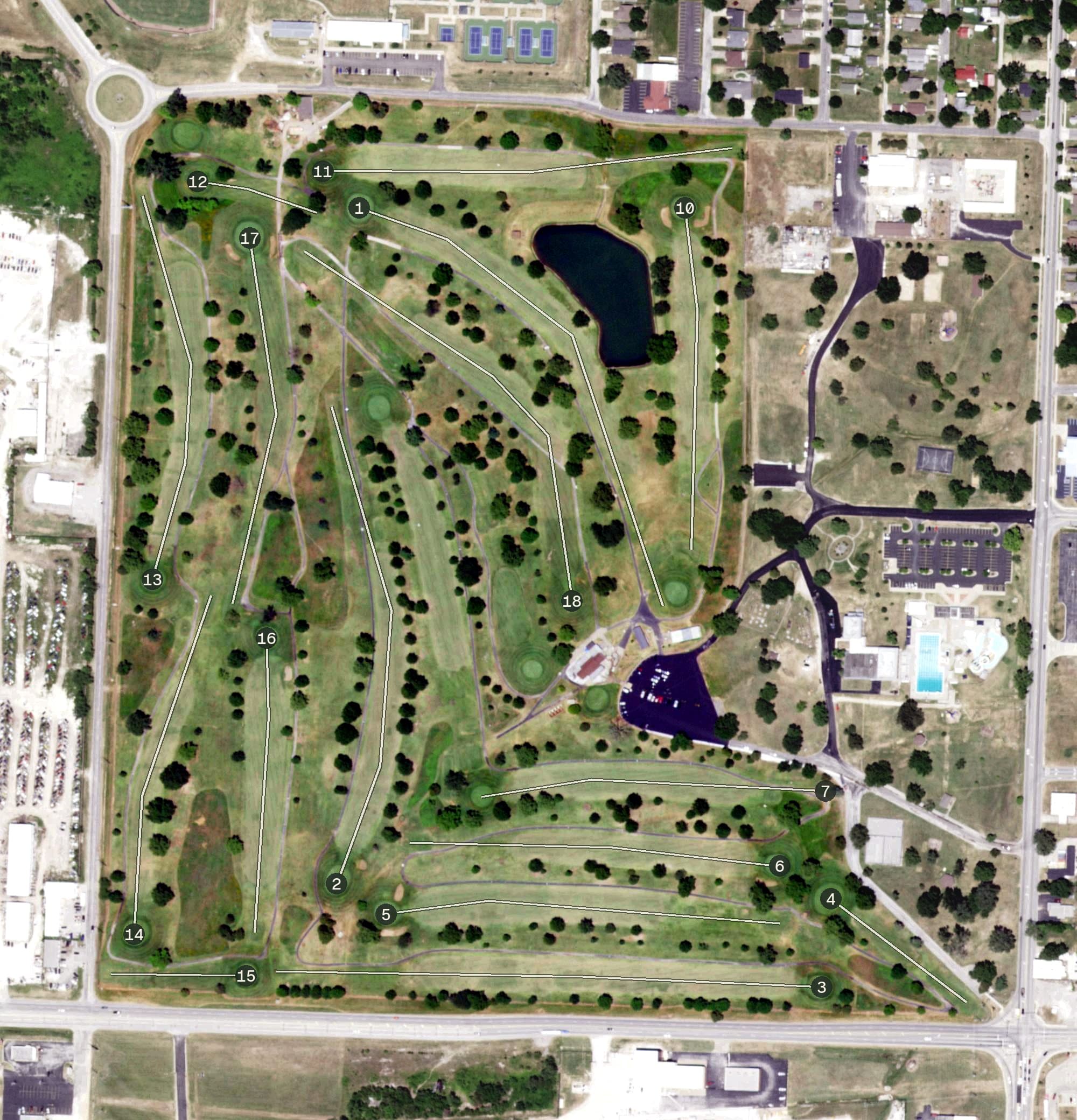 Aerial view of Schifferdecker Golf Course, MO, with its hole routing marked