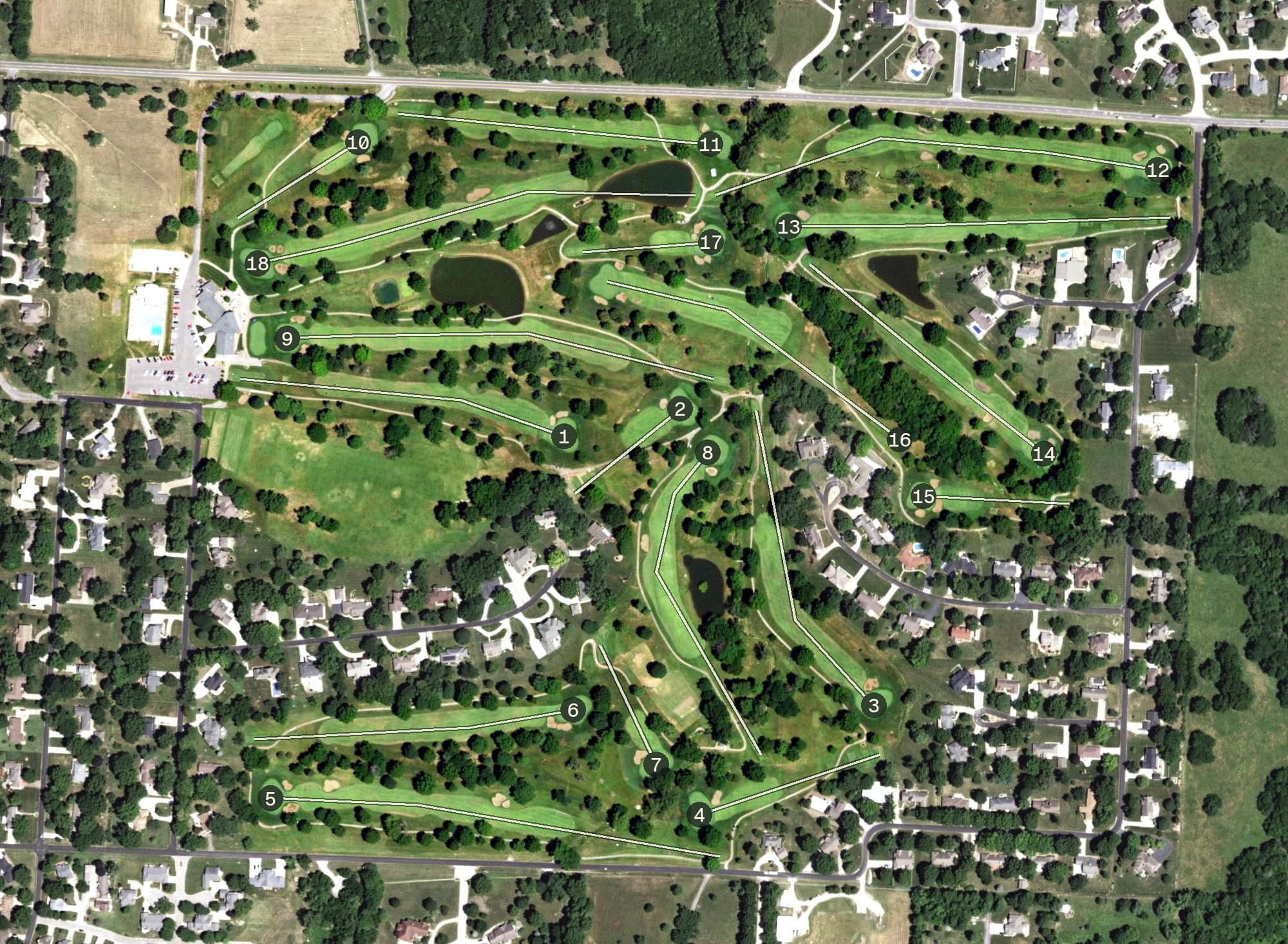 Aerial view of Sedalia Country Club, MO, with its hole routing marked
