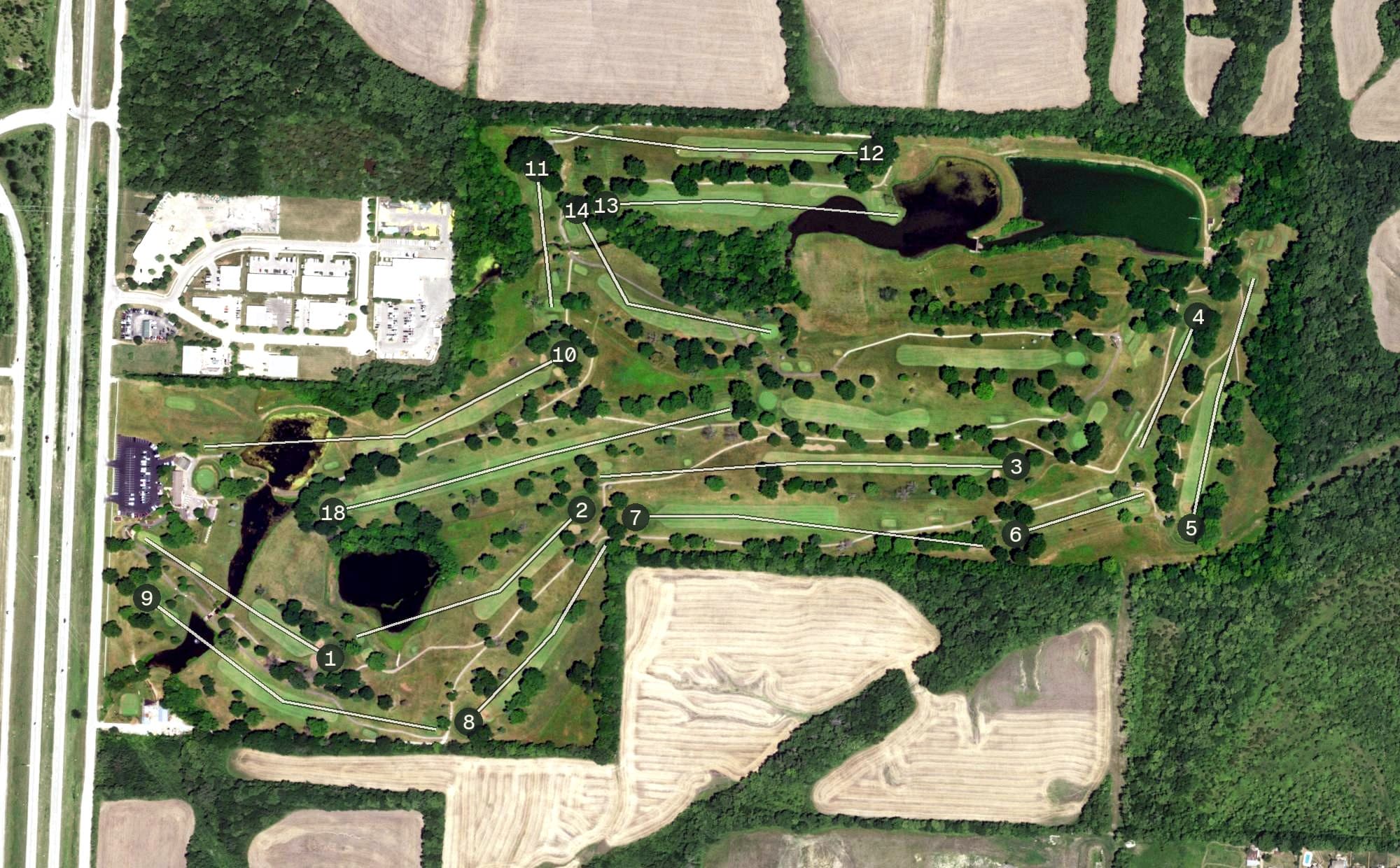 Aerial view of Shamrock Hills Golf Club, MO, with its hole routing marked