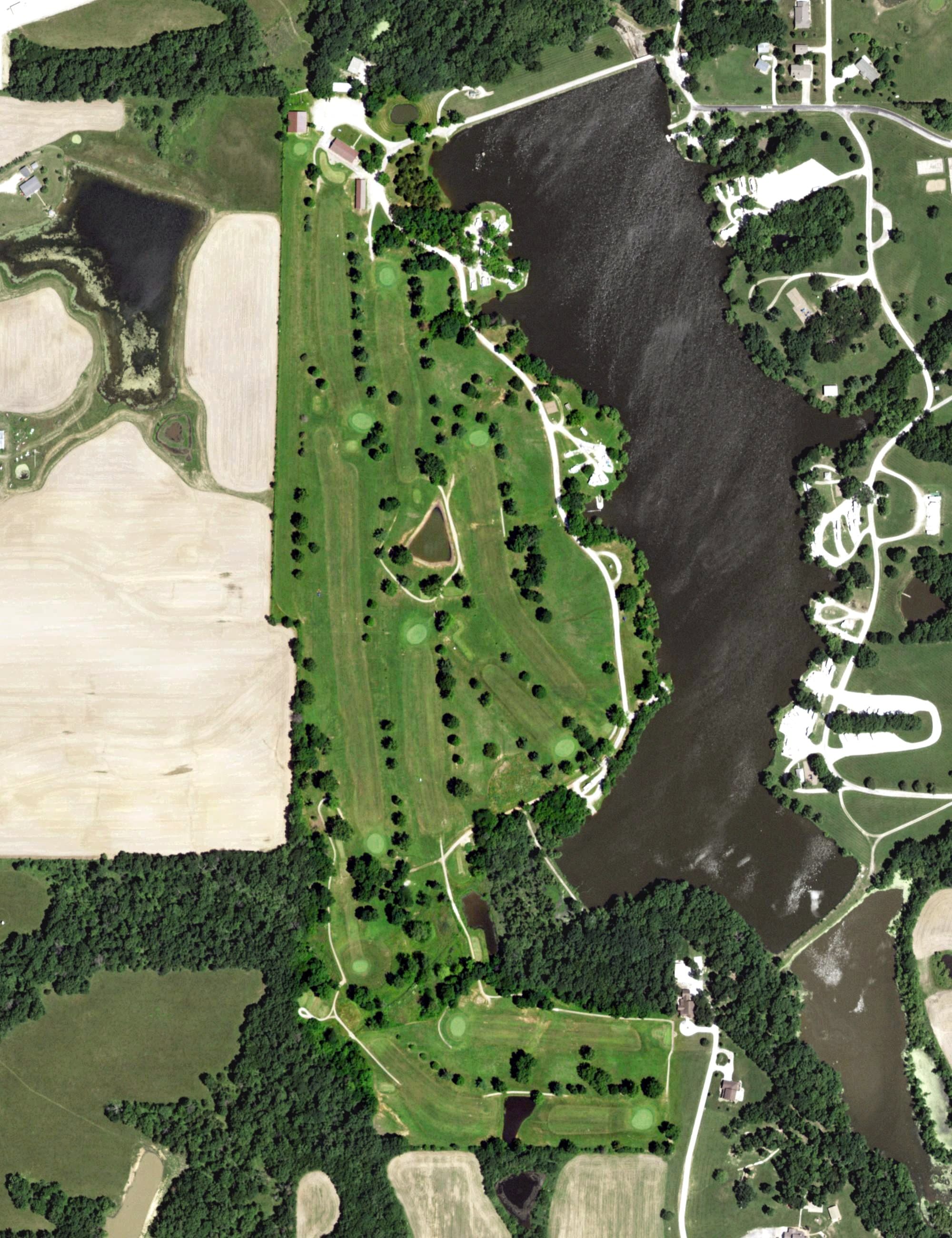 Aerial view of Shelbina Lakeside Golf Course, MO, with its hole routing marked
