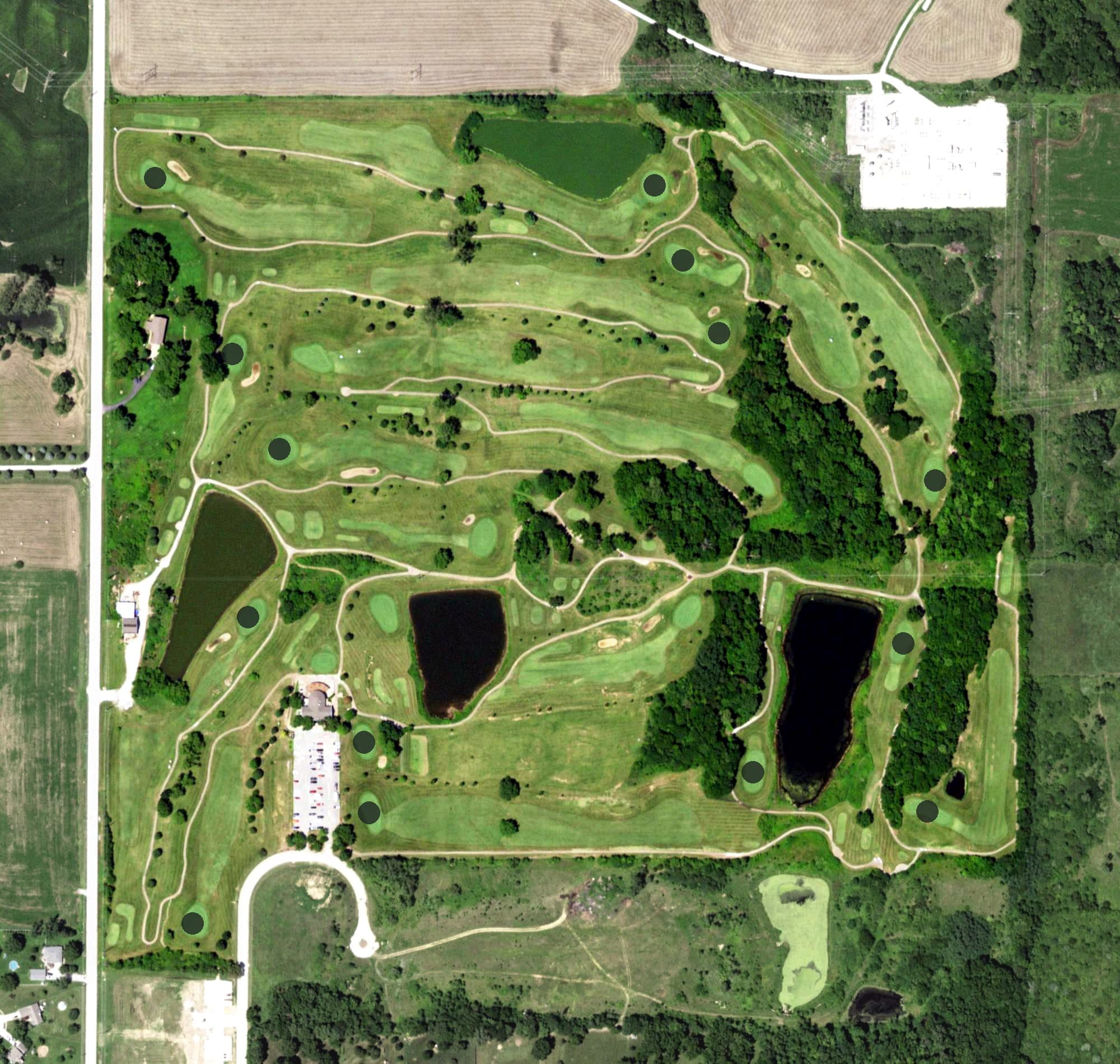 Aerial view of Shiloh Springs Golf Course, MO, with its hole routing marked