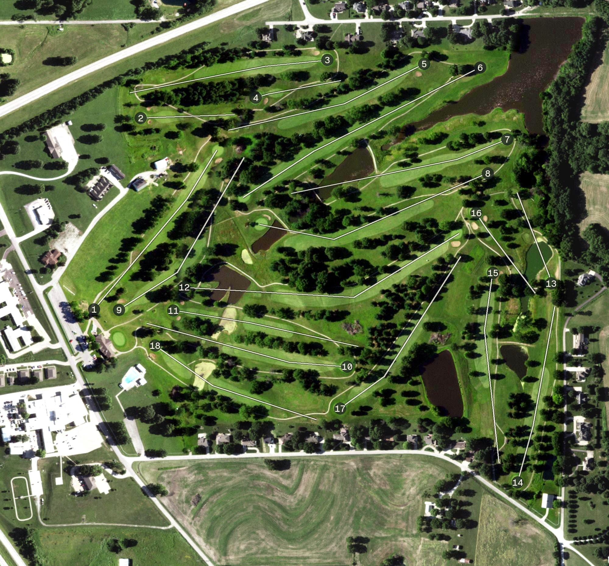 Aerial view of Shirkey Golf Course, MO, with its hole routing marked