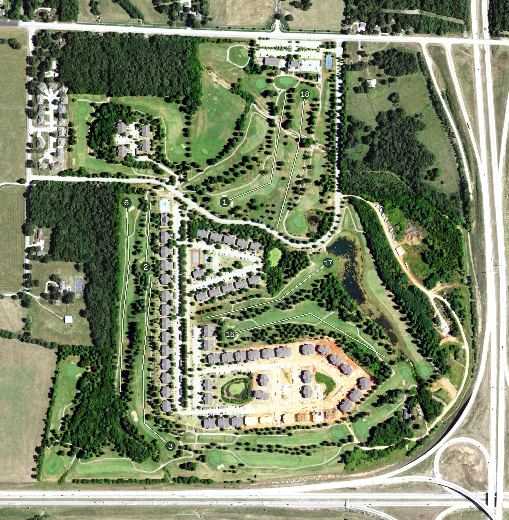 Aerial view of Springfield Golf & Country Club, MO, with its hole routing marked