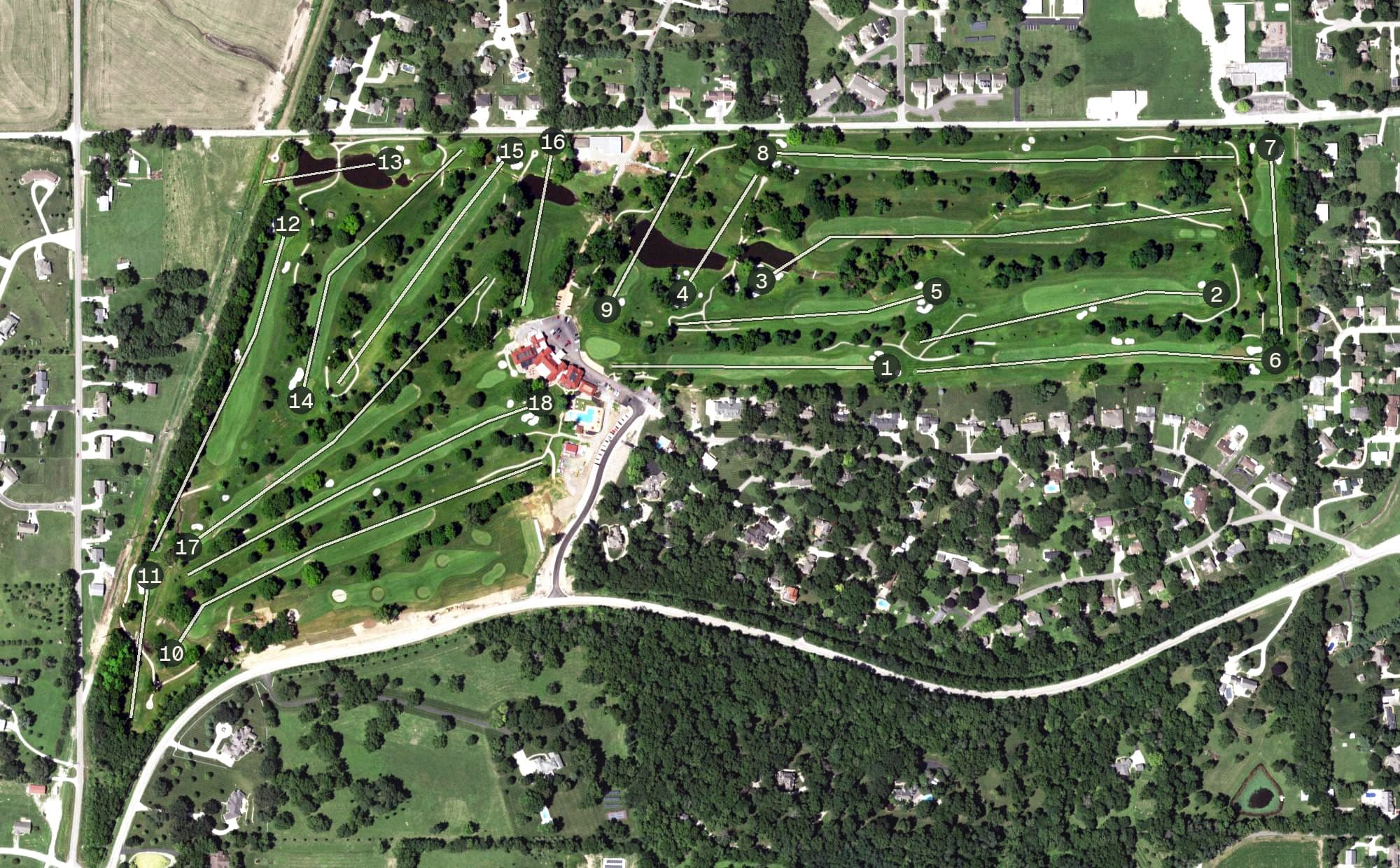 Aerial view of St Joseph Country Club, MO, with its hole routing marked