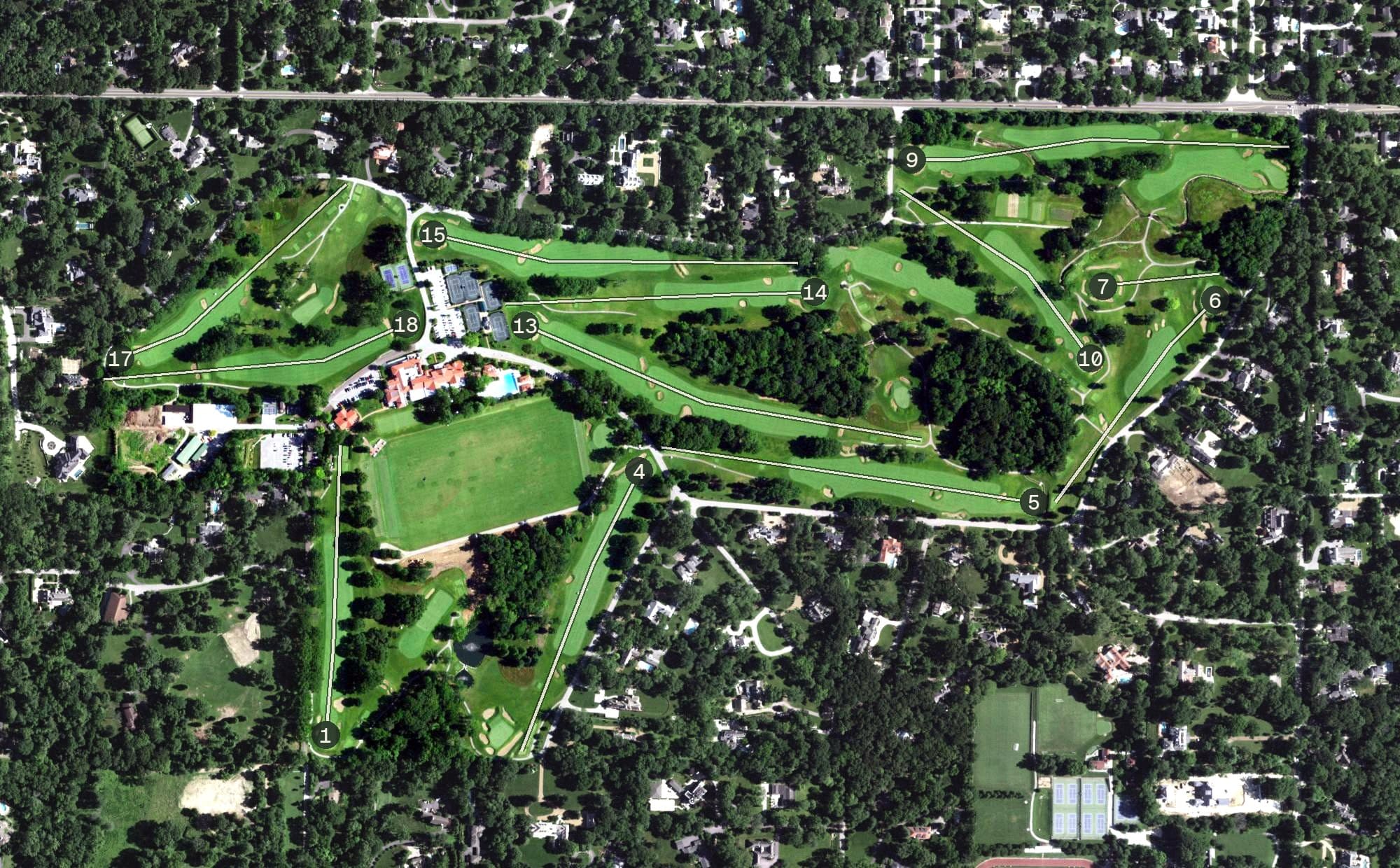Aerial view of St. Louis Country Club, MO, with its hole routing marked