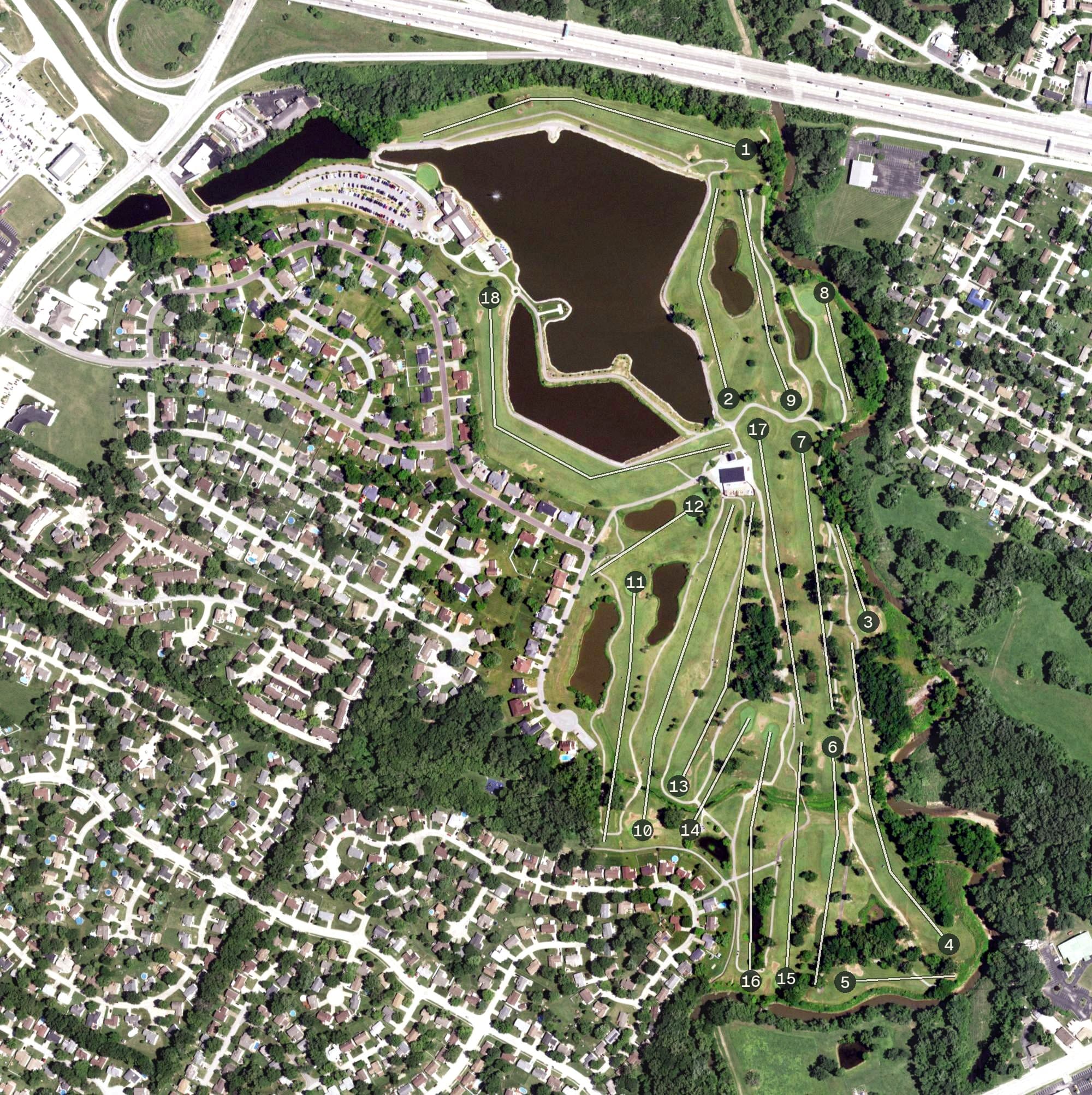 Aerial view of St. Peters Golf Course, MO, with its hole routing marked