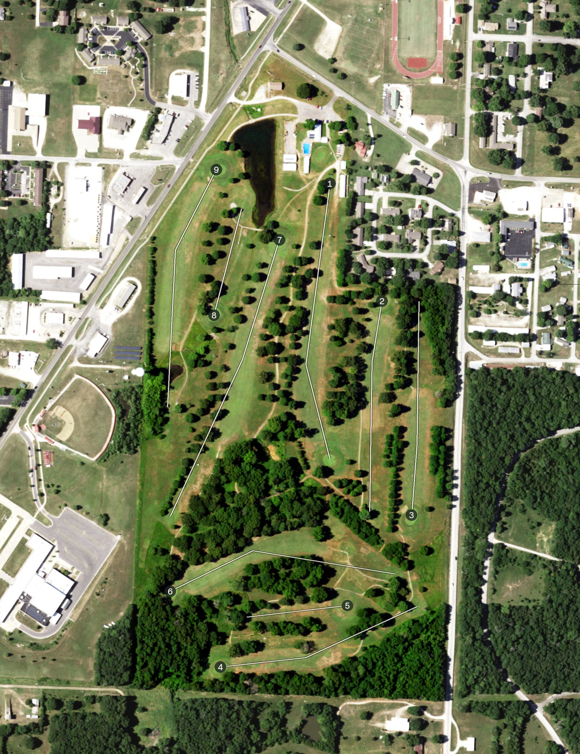 Aerial view of Stockton Country Club, MO, with its hole routing marked