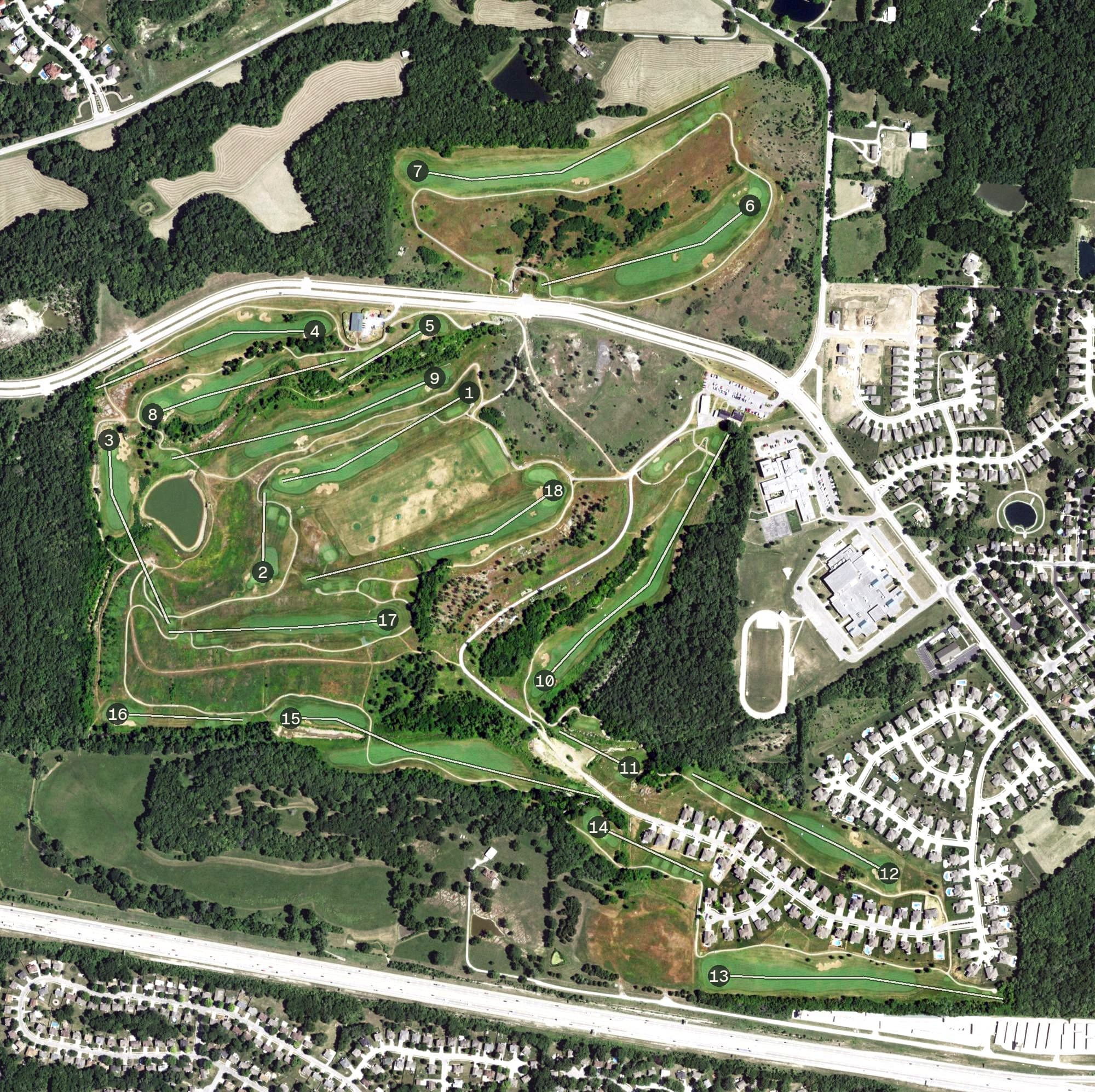 Aerial view of Stone Canyon Golf Club, MO, with its hole routing marked