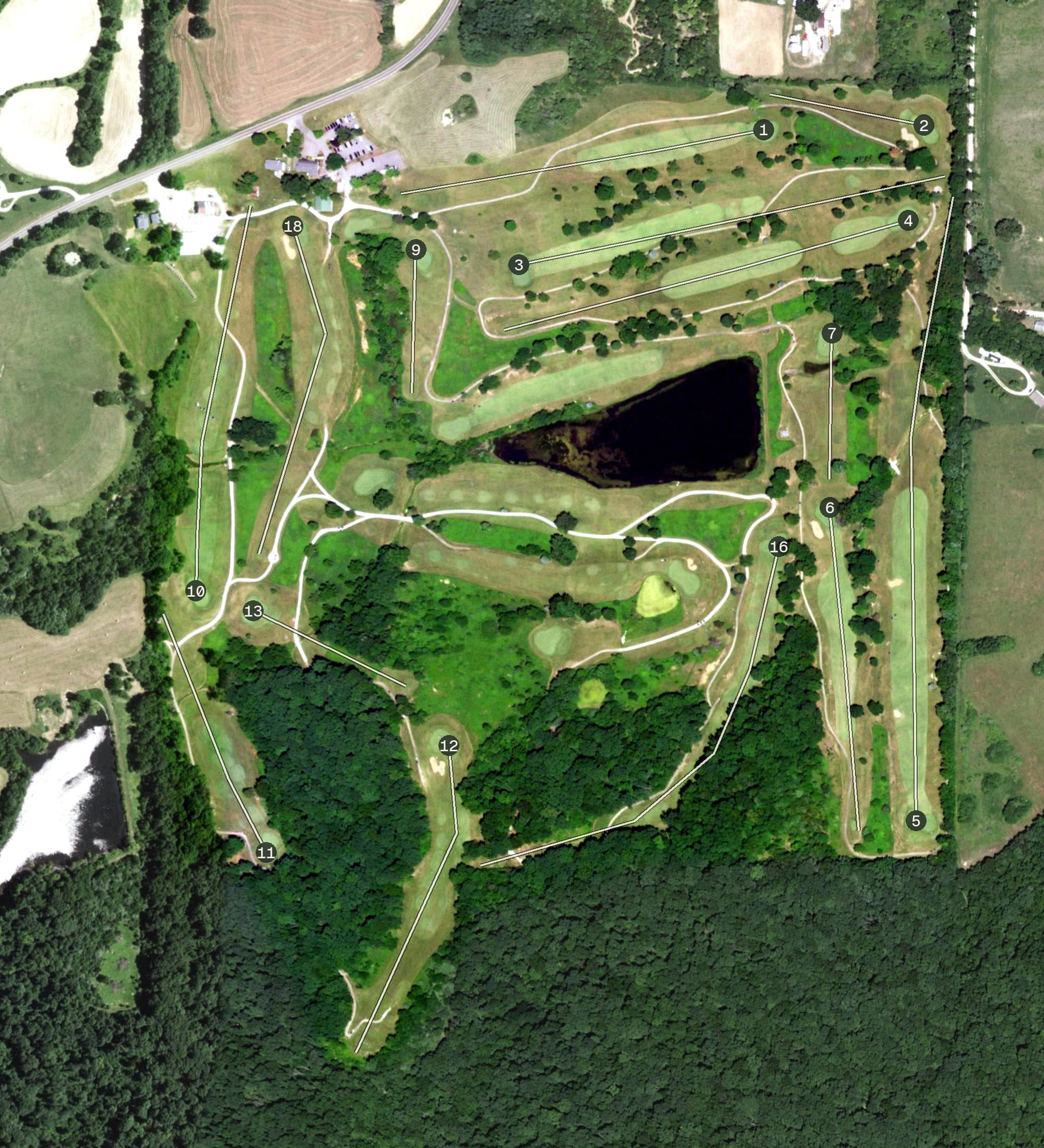 Aerial view of Sun Valley Golf Course, MO, with its hole routing marked