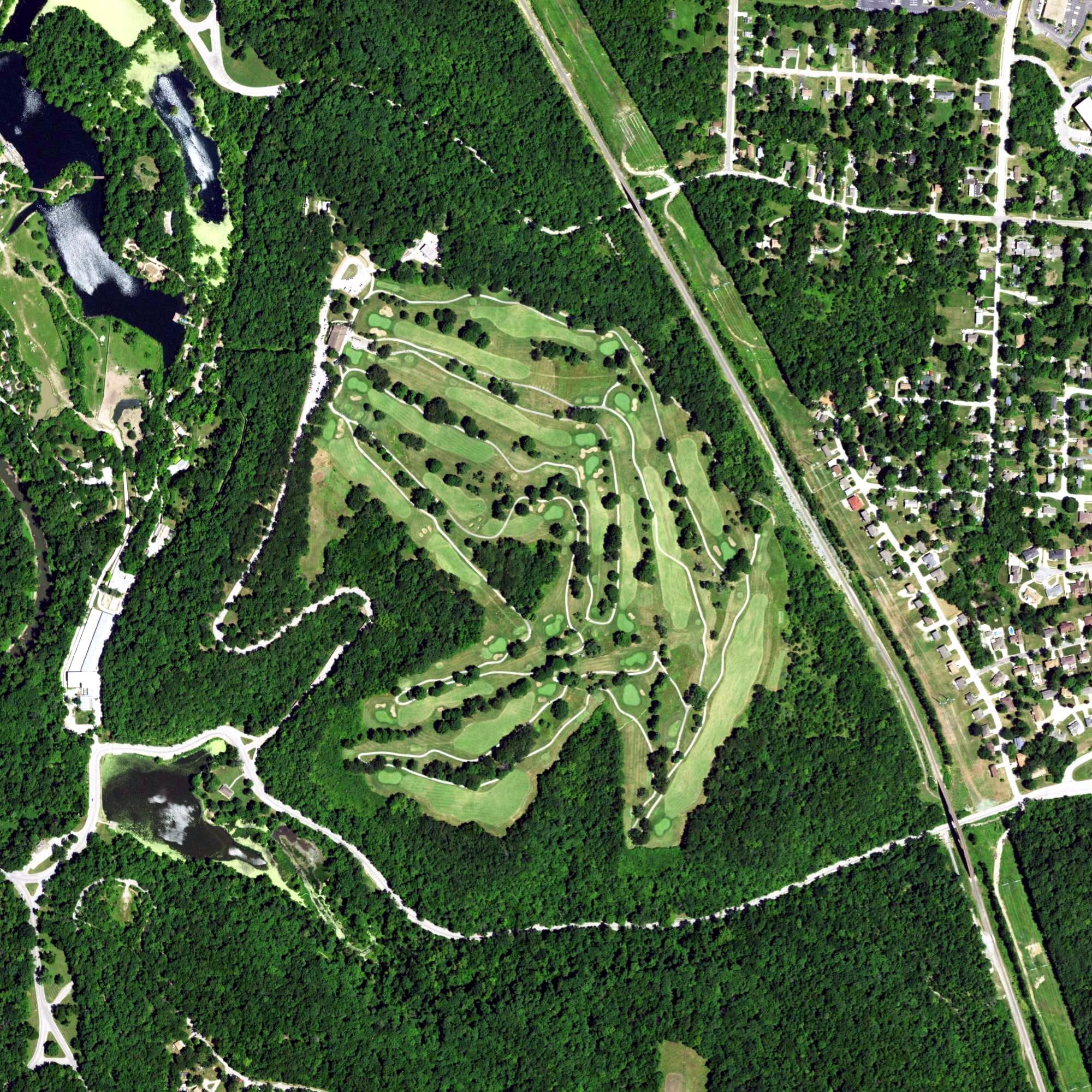 Aerial view of Swope Memorial Golf Course, MO, with its hole routing marked