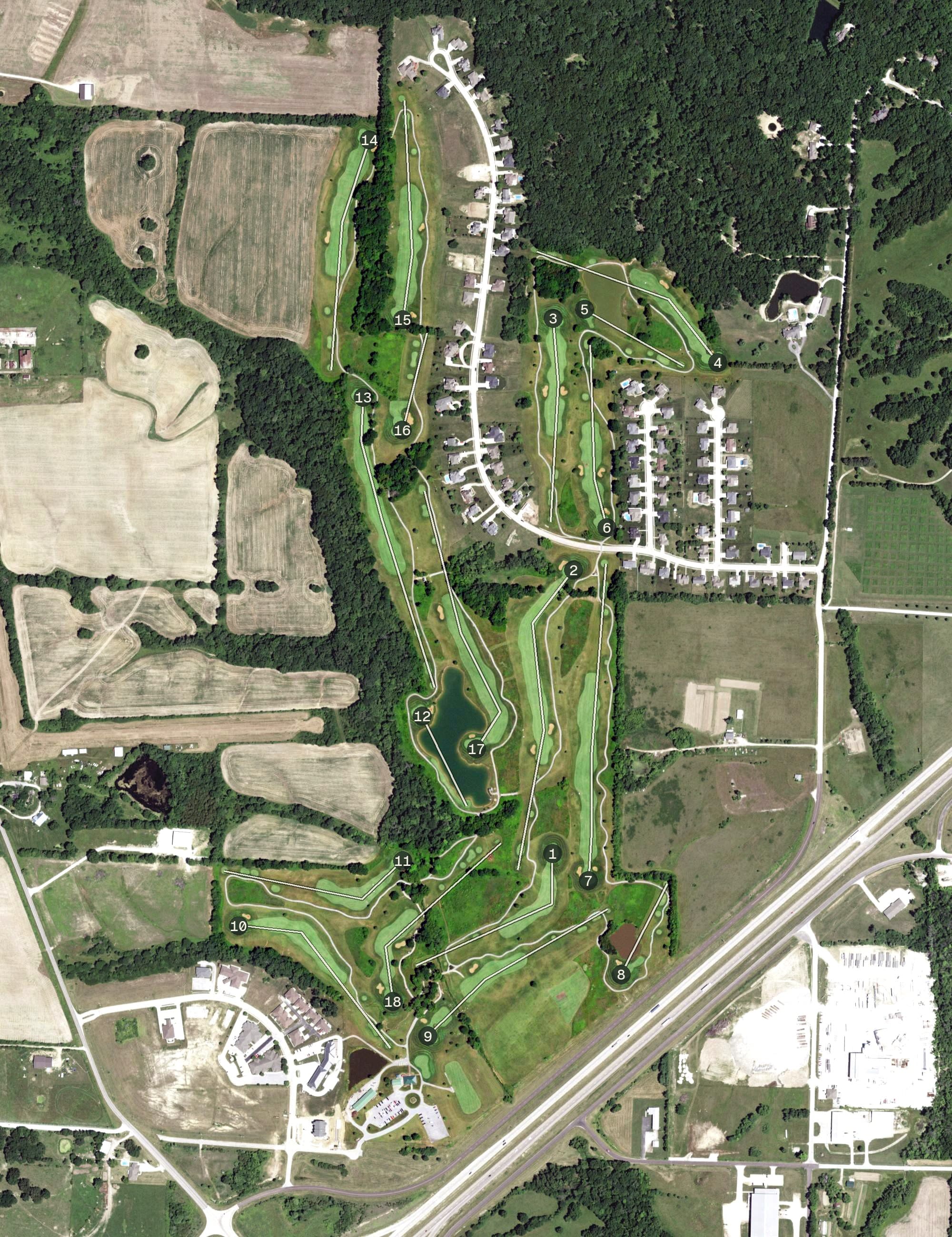 Aerial view of Tanglewood Golf Course, MO, with its hole routing marked