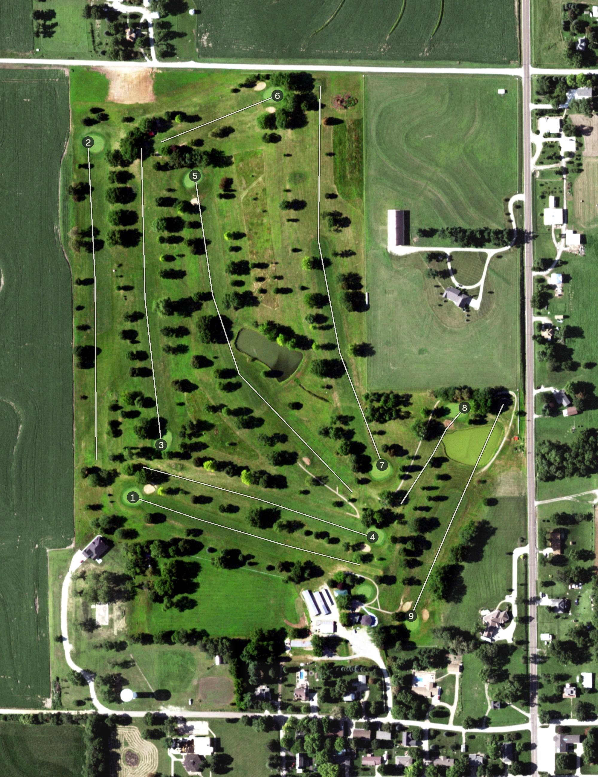 Aerial view of Tarkio Golf Club, MO, with its hole routing marked