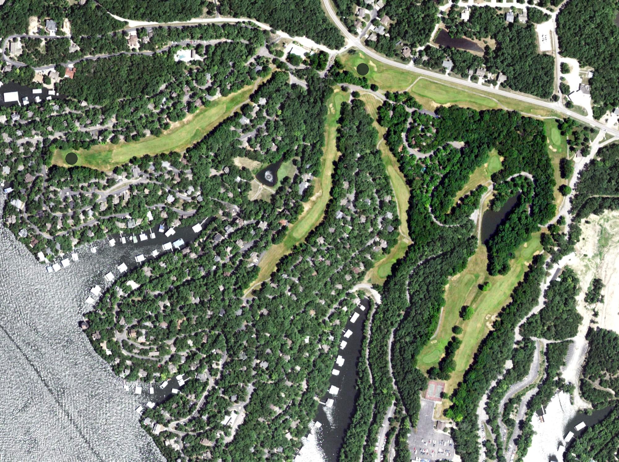 Aerial view of The 9 Hole, MO, with its hole routing marked