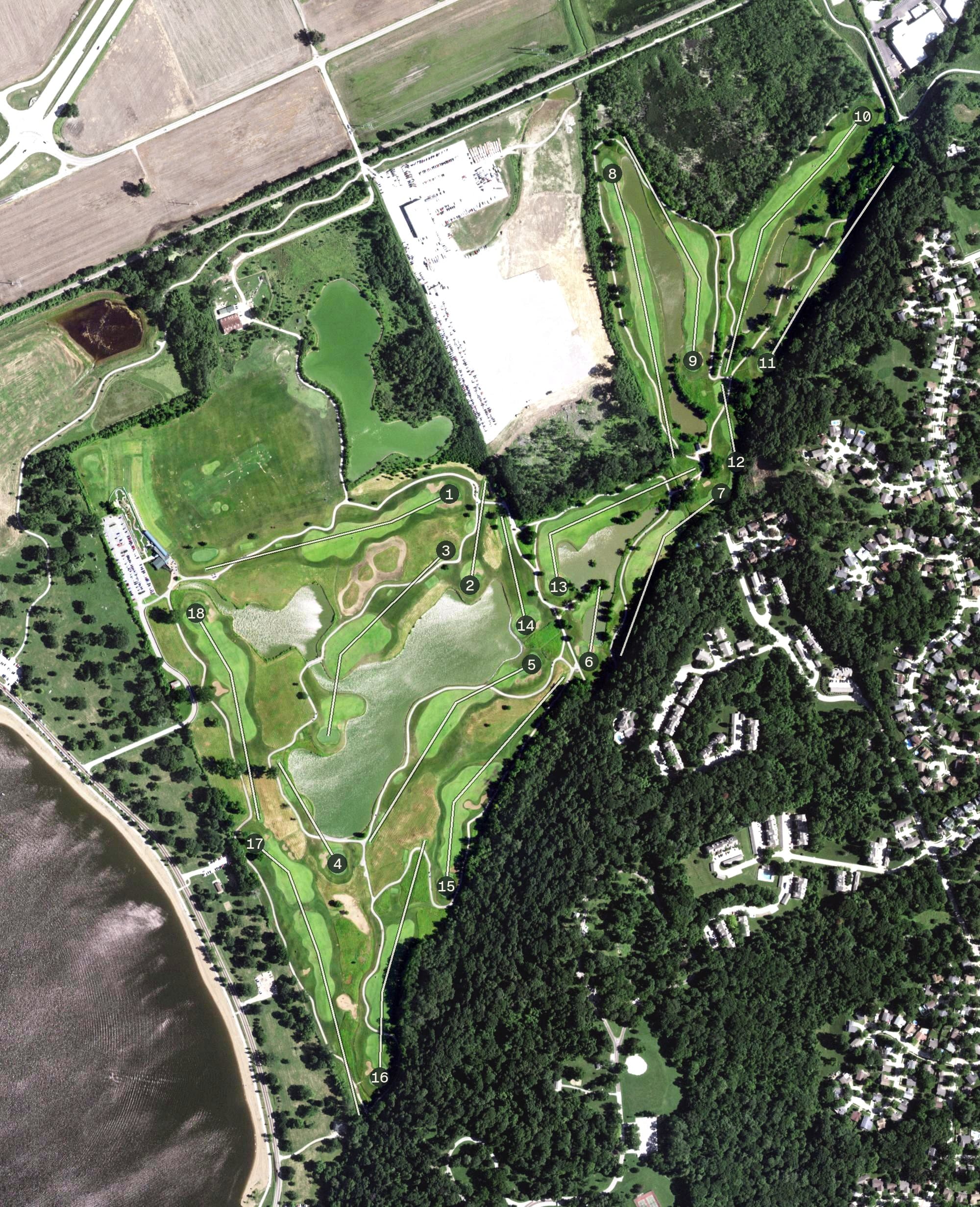 Aerial view of The Quarry at Crystal Springs, MO, with its hole routing marked