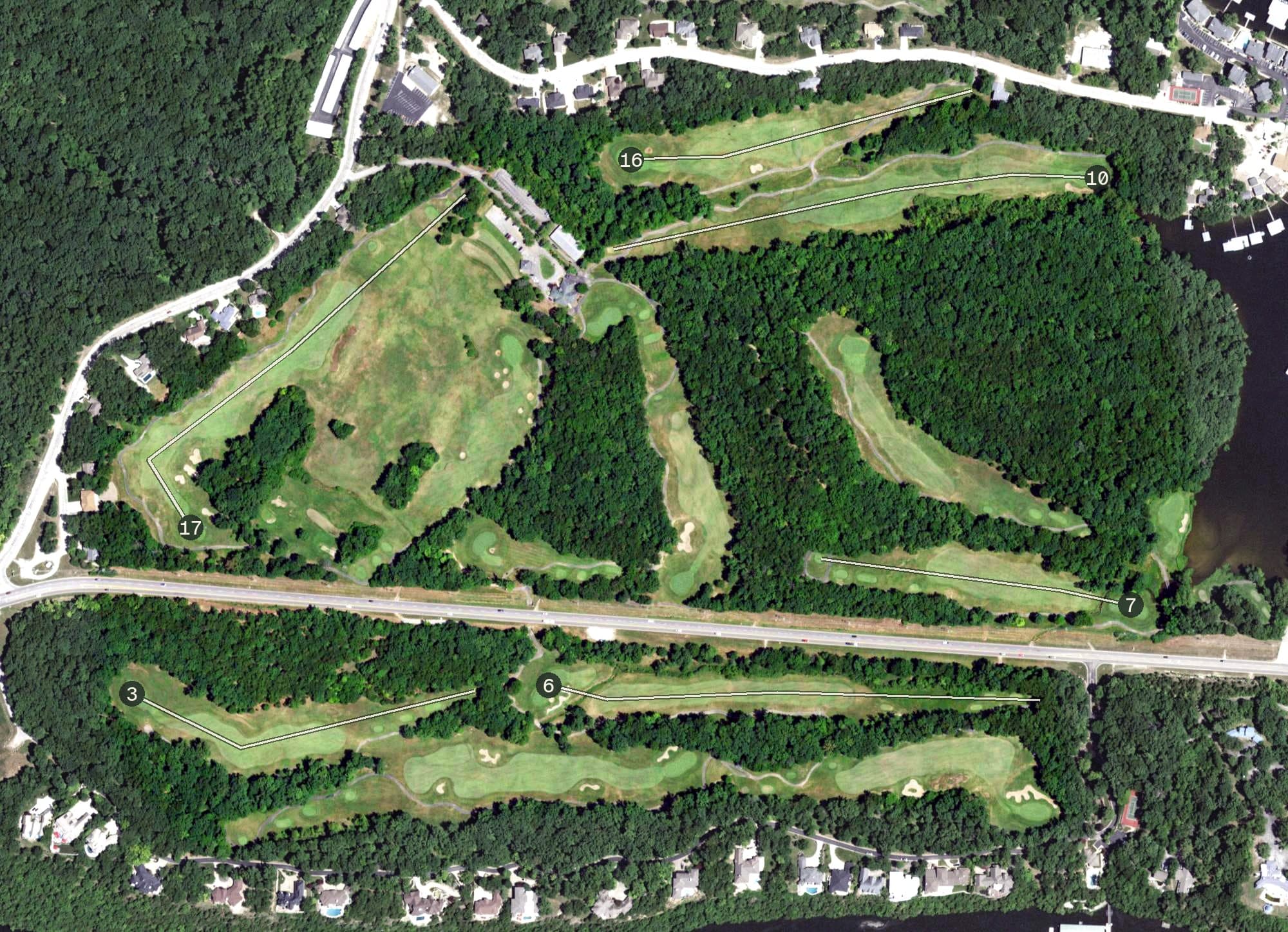 Aerial view of The Ridge, MO, with its hole routing marked