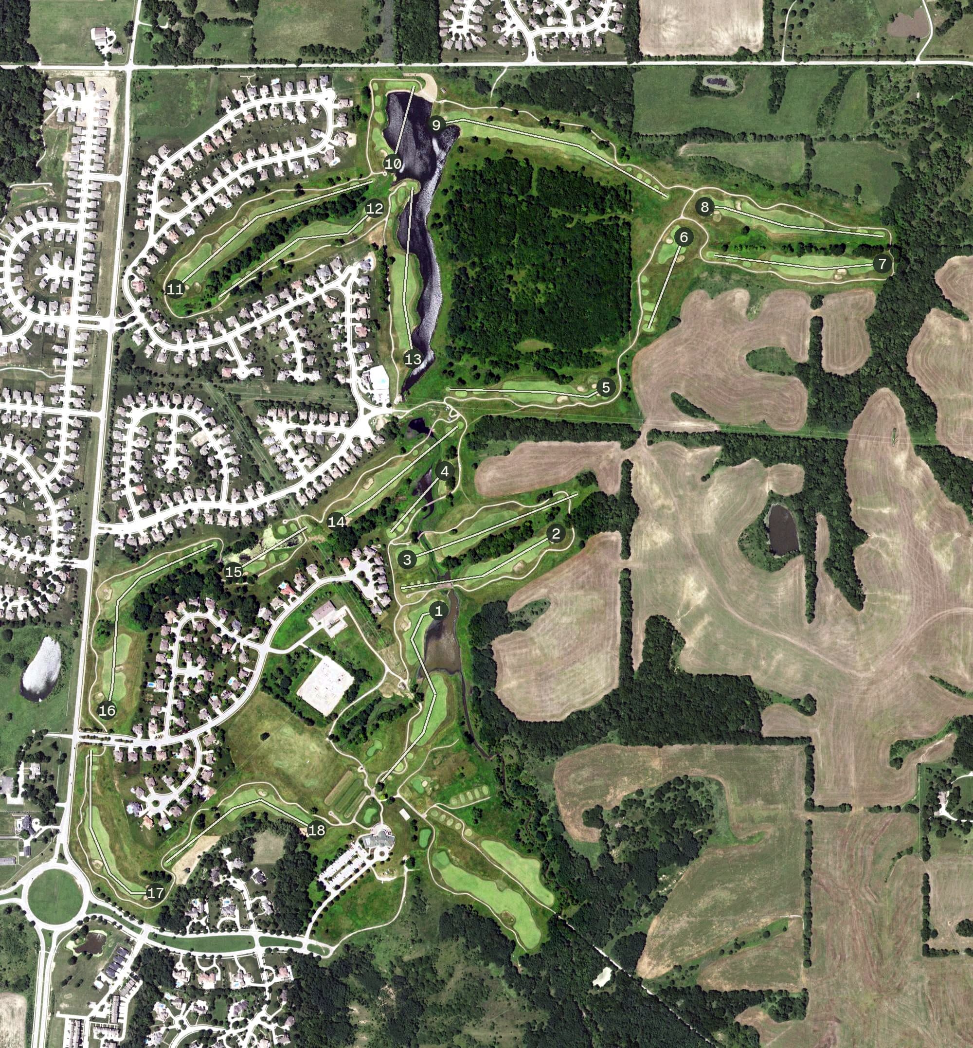 Aerial view of Tiffany Greens Golf Club, MO, with its hole routing marked