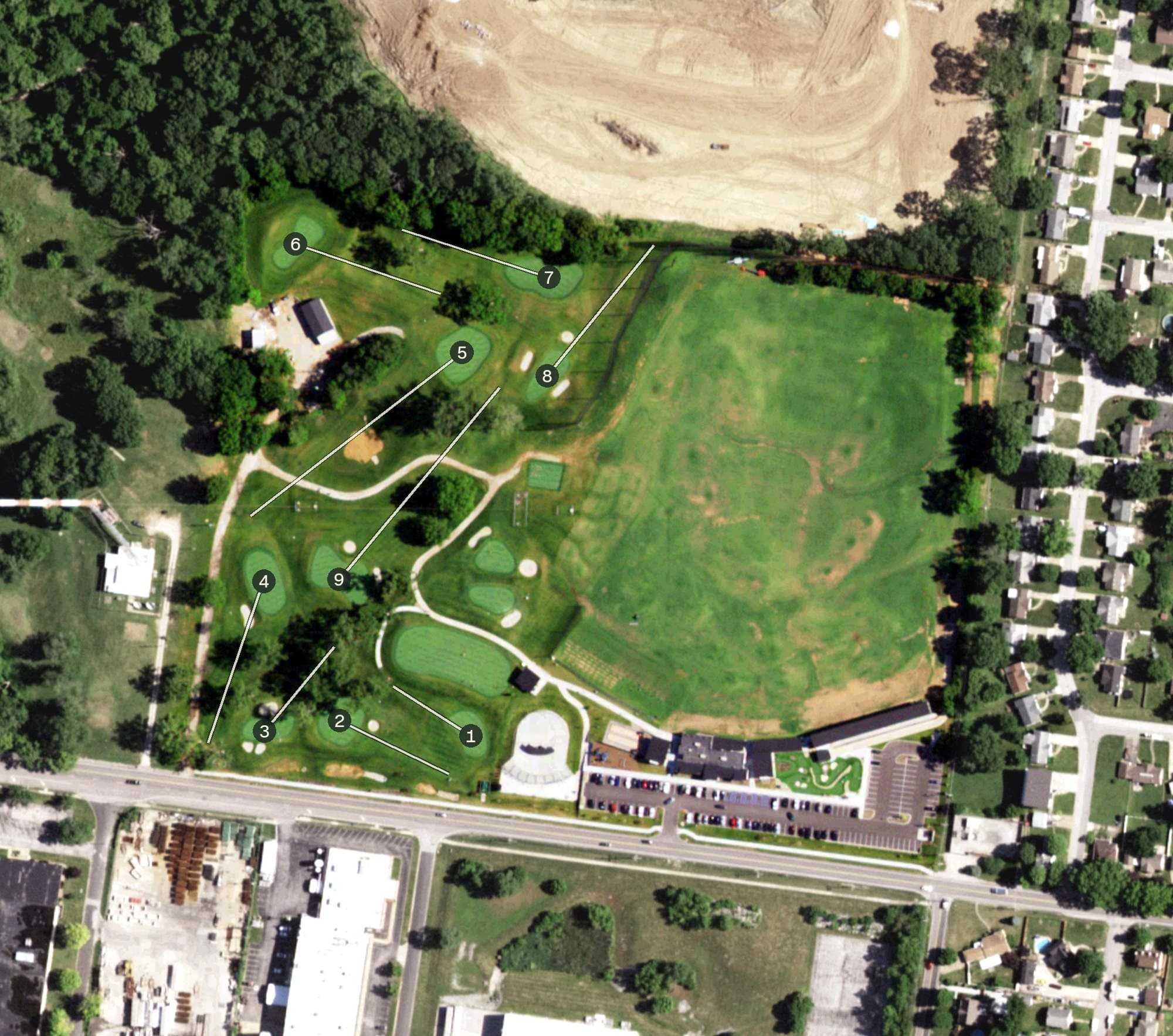 Aerial view of Tower Tee, MO, with its hole routing marked