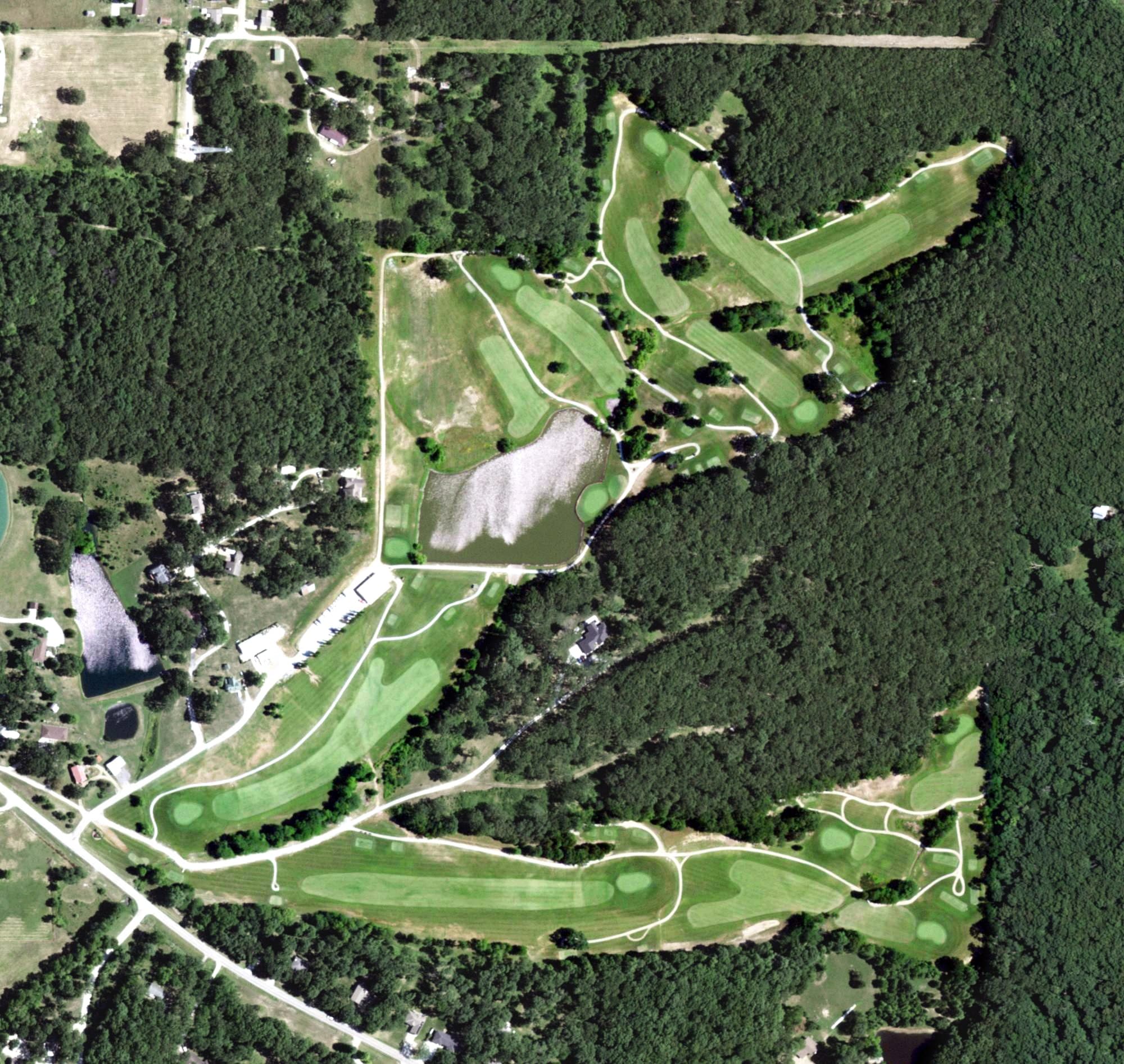 Aerial view of Triple Creek Golf Course, MO, with its hole routing marked