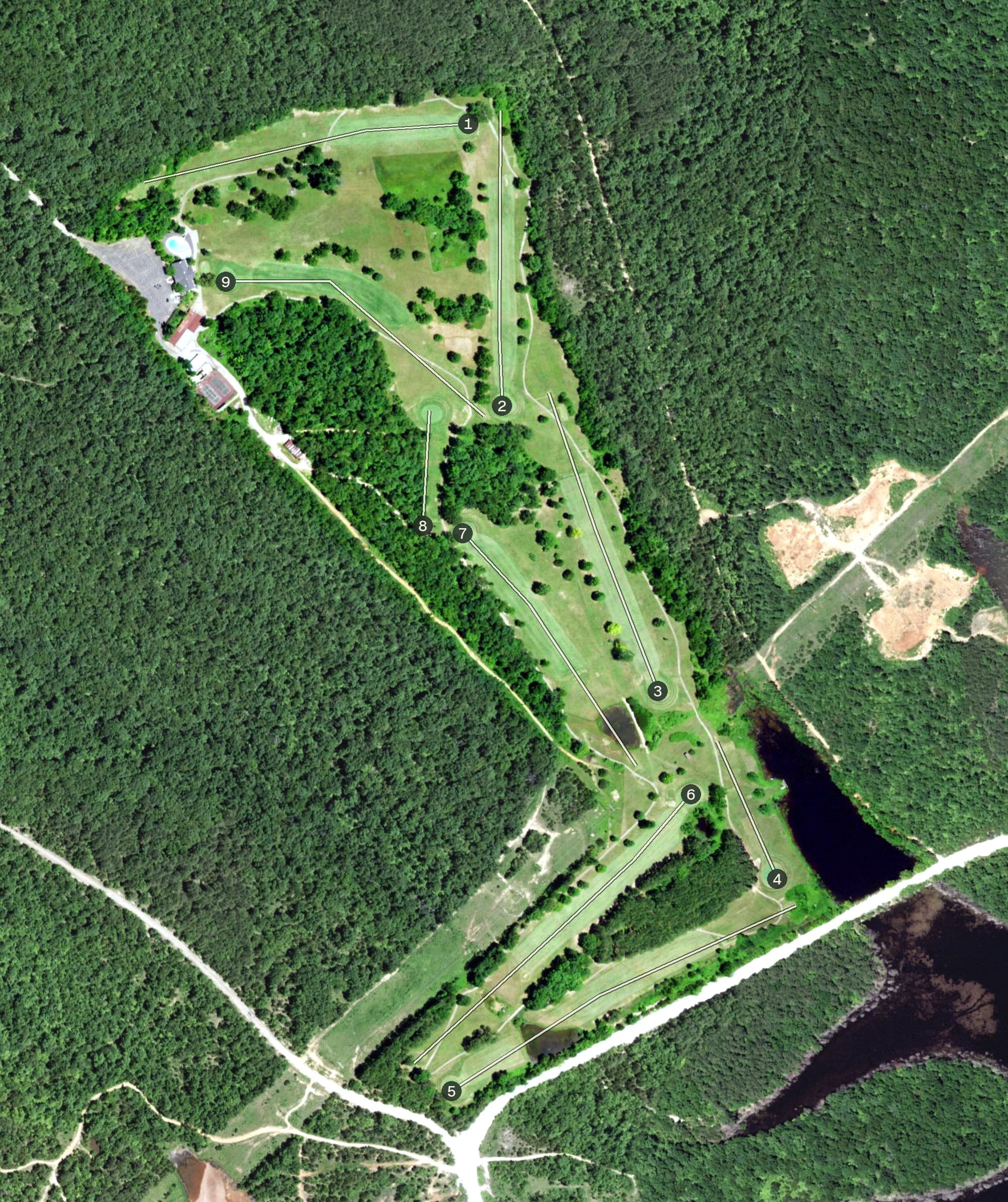 Aerial view of Viburnum Golf & Country Club, MO, with its hole routing marked