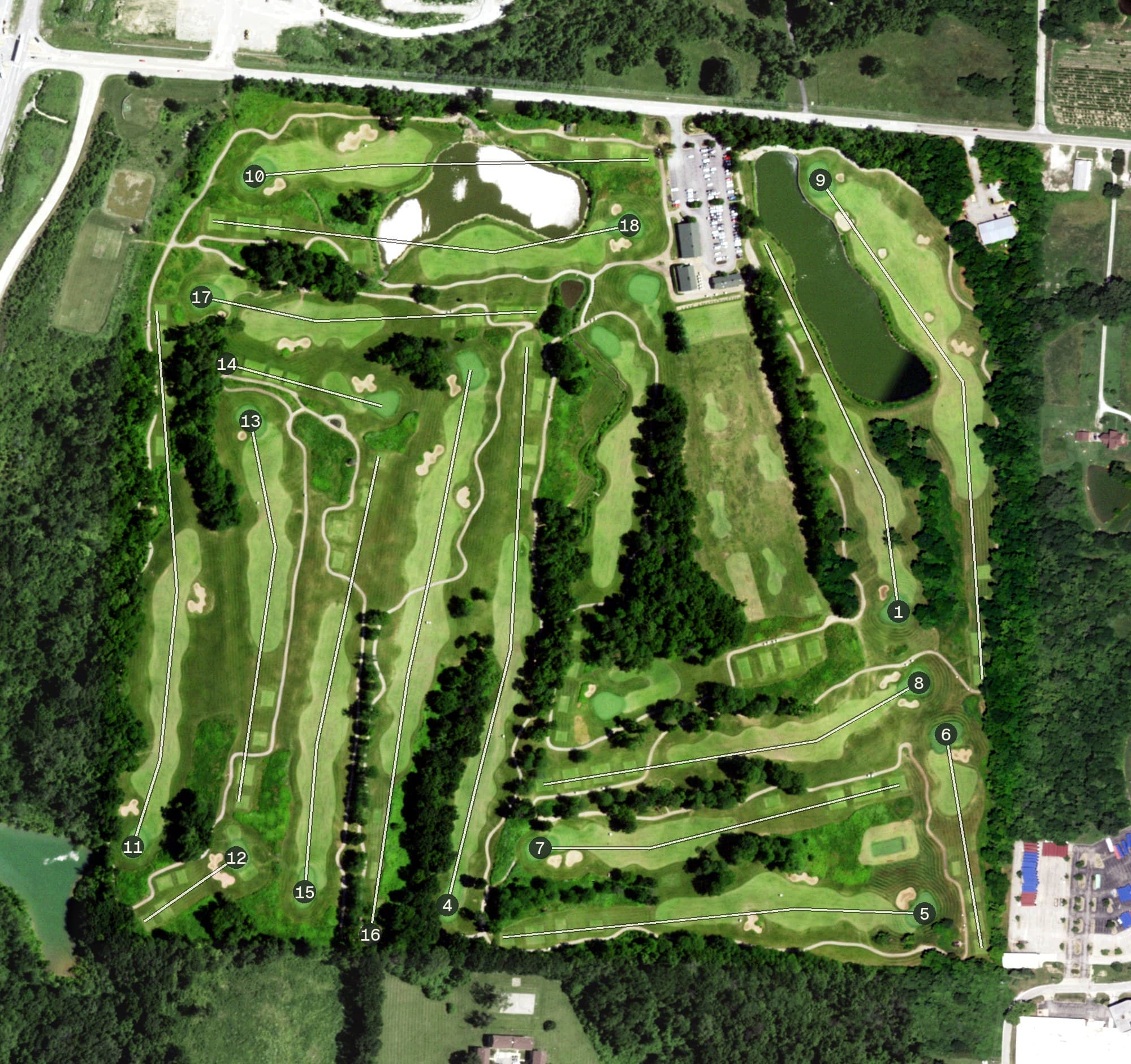 Aerial view of Winterstone Golf Course, MO, with its hole routing marked
