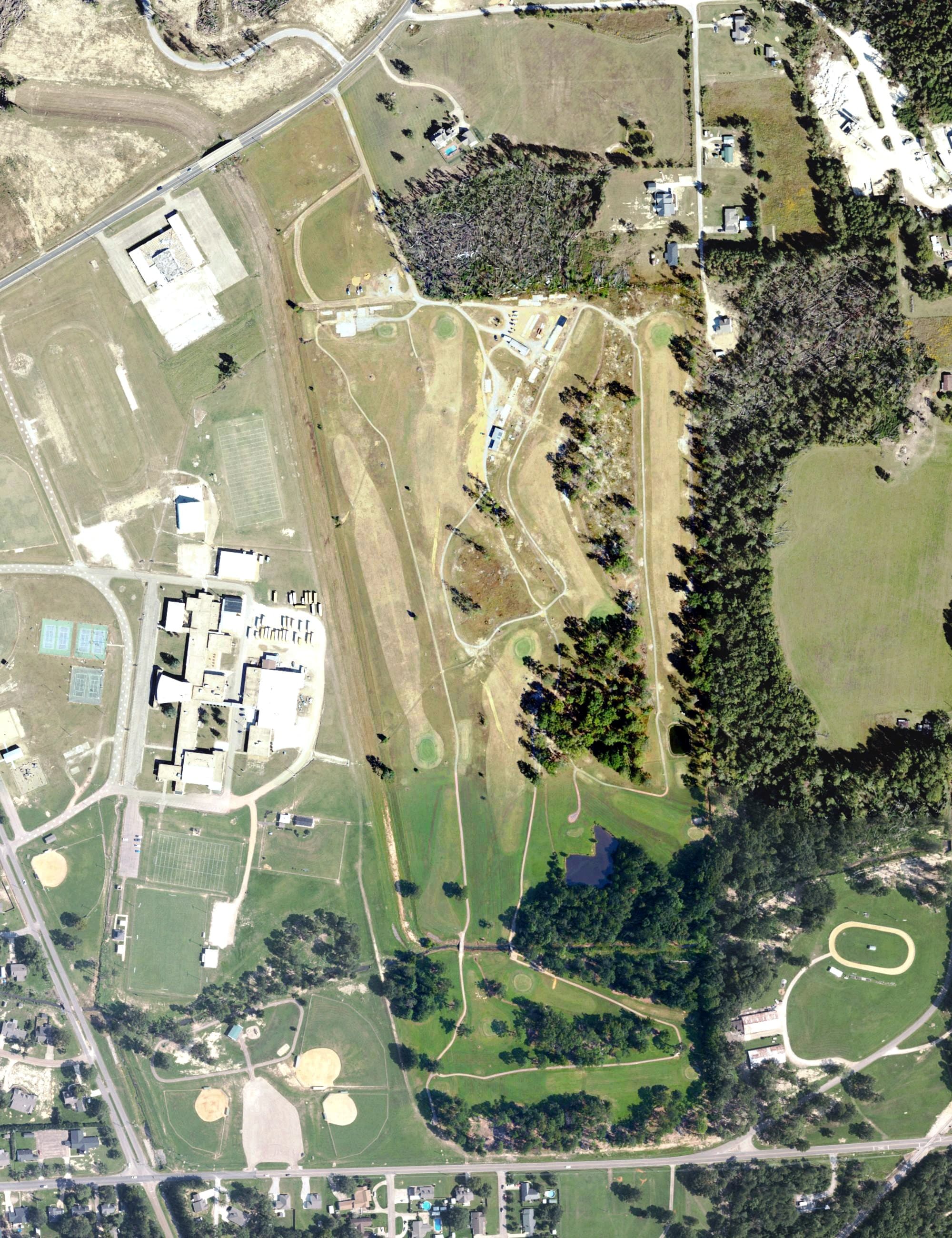 Aerial view of Amory Golf Course, MS, with its hole routing marked