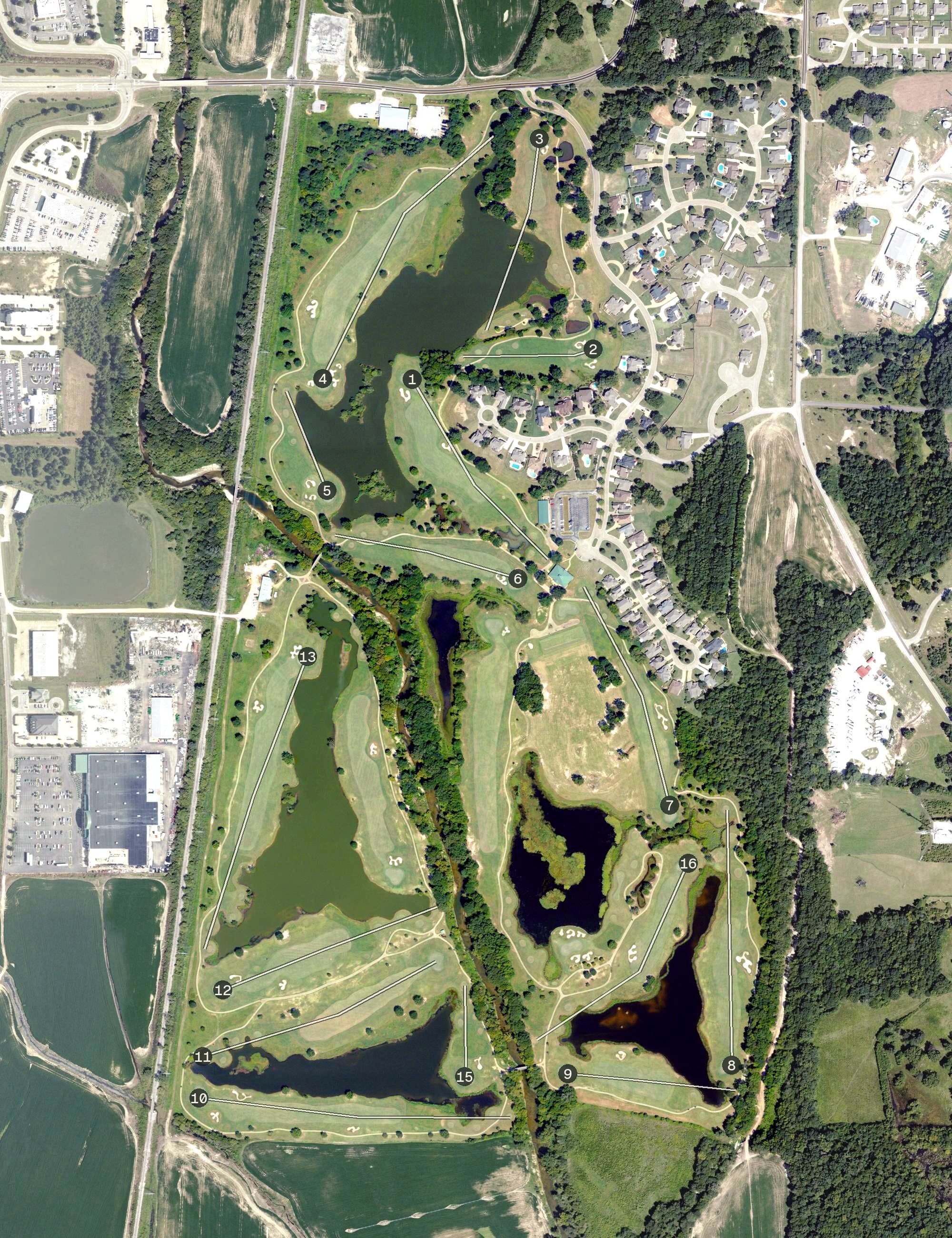 Aerial view of Big Oaks Colf Course, MS, with its hole routing marked