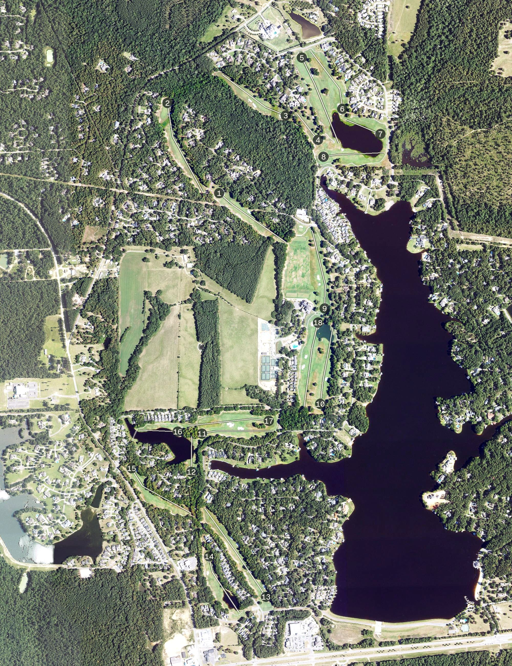 Aerial view of Canebrake Country Club, MS, with its hole routing marked