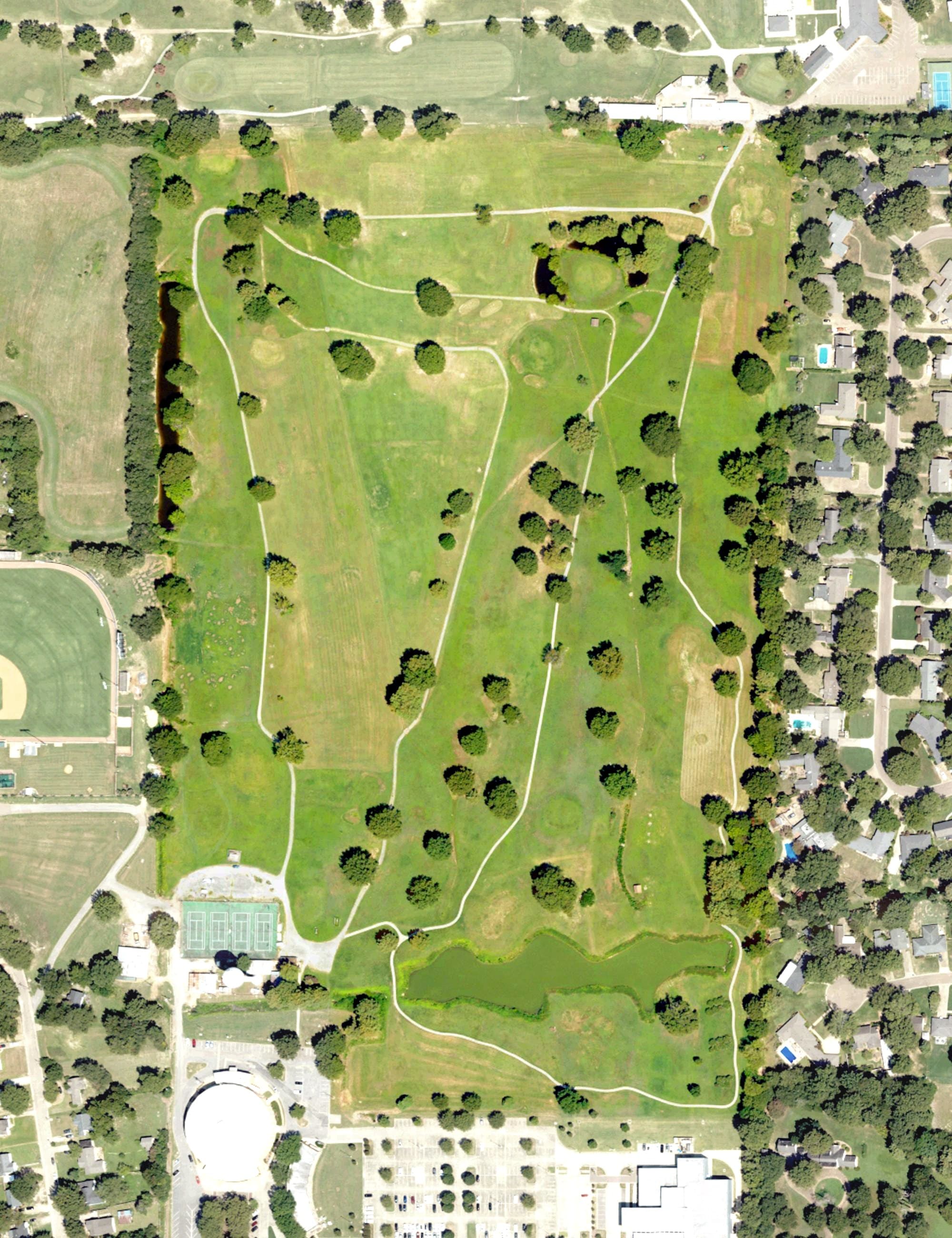 Aerial view of Derrall Foreman Golf Course, MS, with its hole routing marked