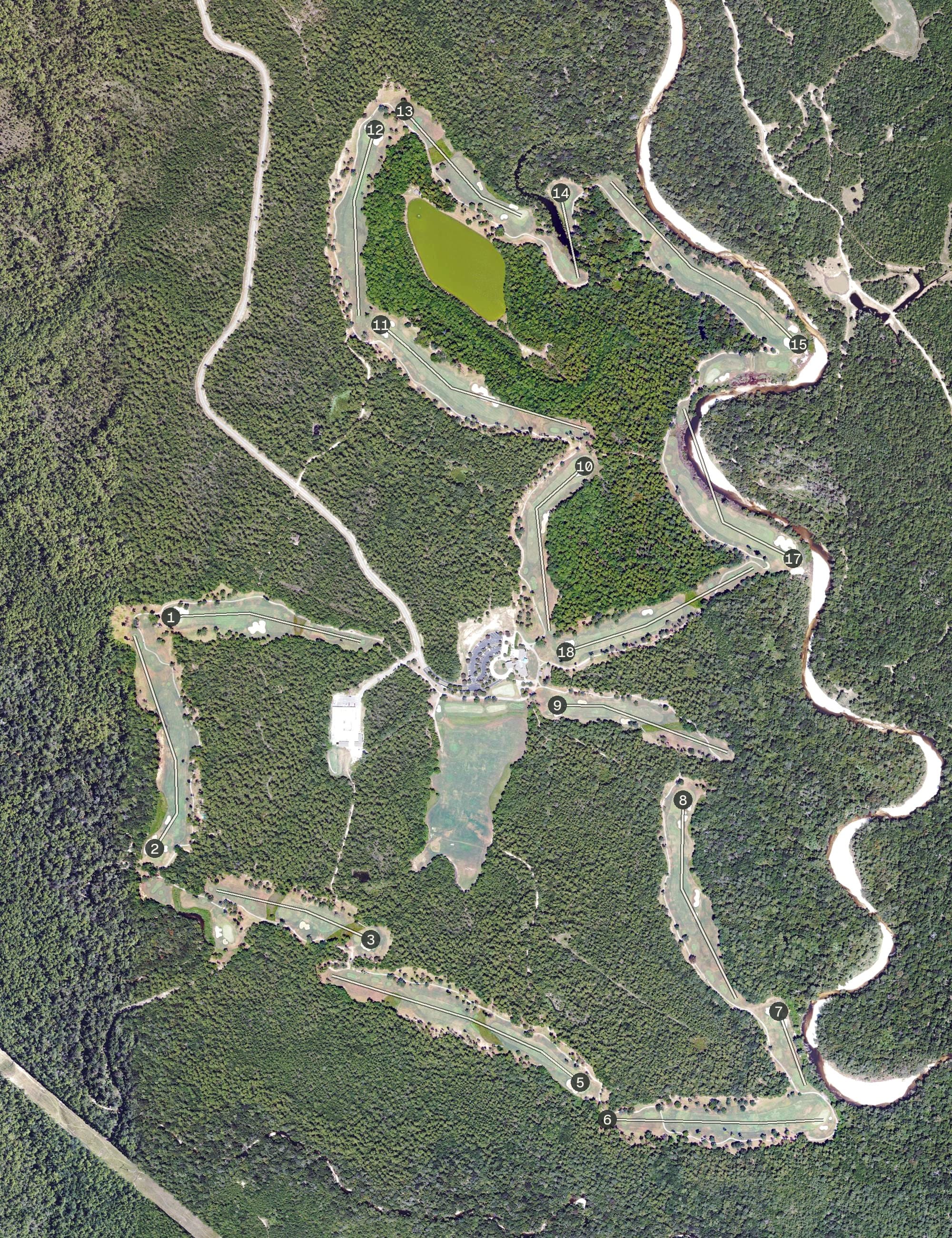 Aerial view of Grand Bear Golf Course, MS, with its hole routing marked