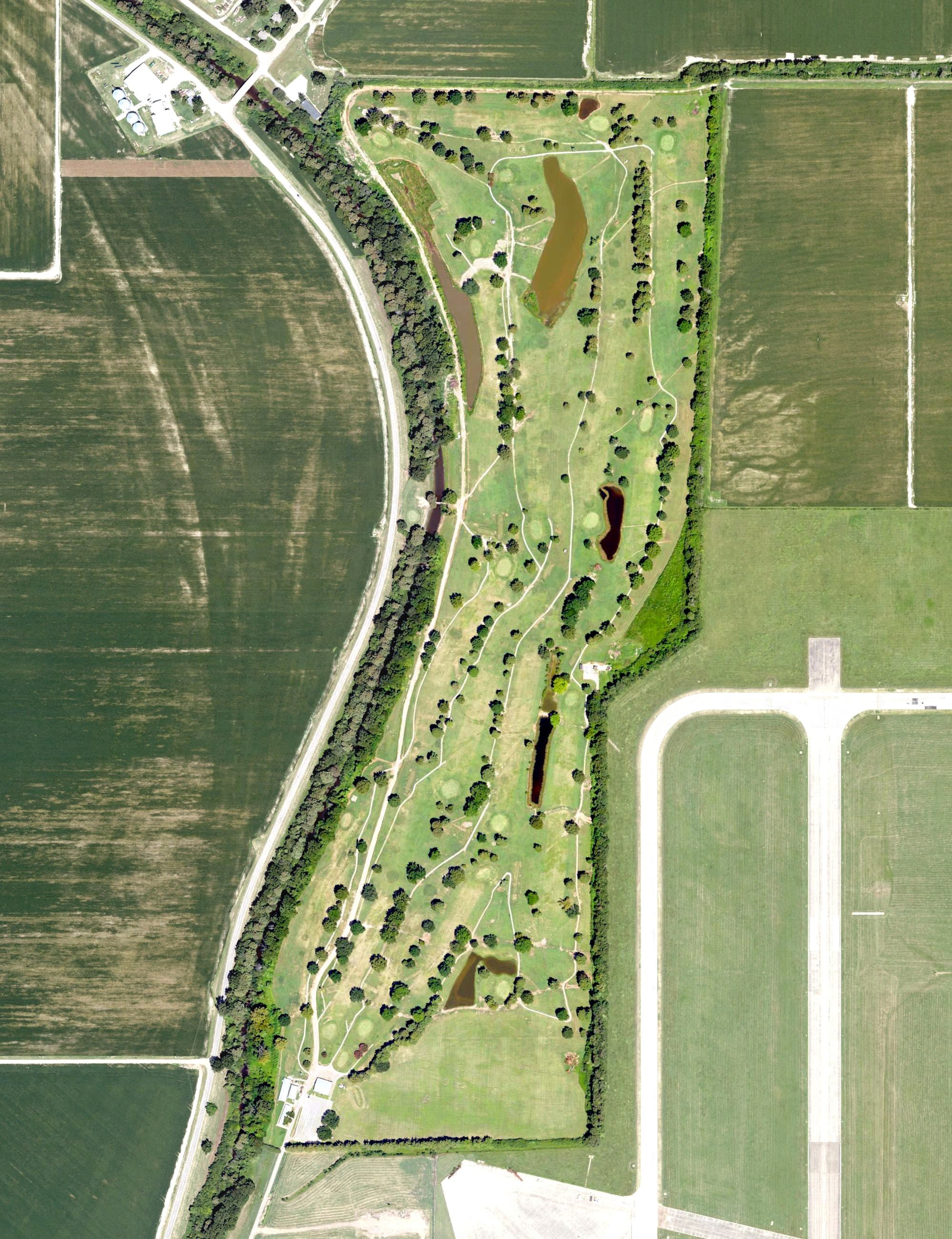 Aerial view of Greenville Golf Course, MS, with its hole routing marked