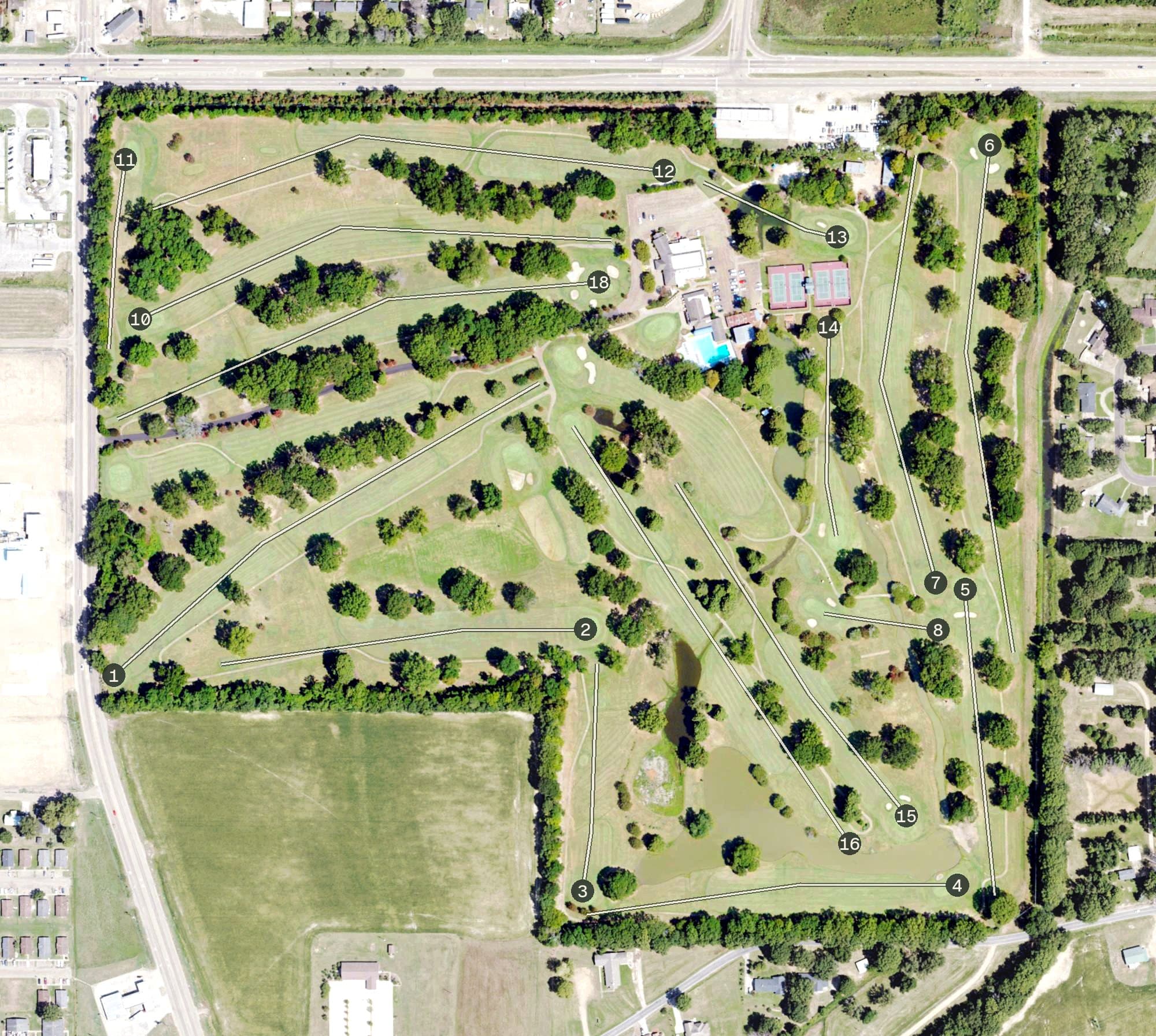 Aerial view of Greenwood Country Club Golf Course, MS, with its hole routing marked