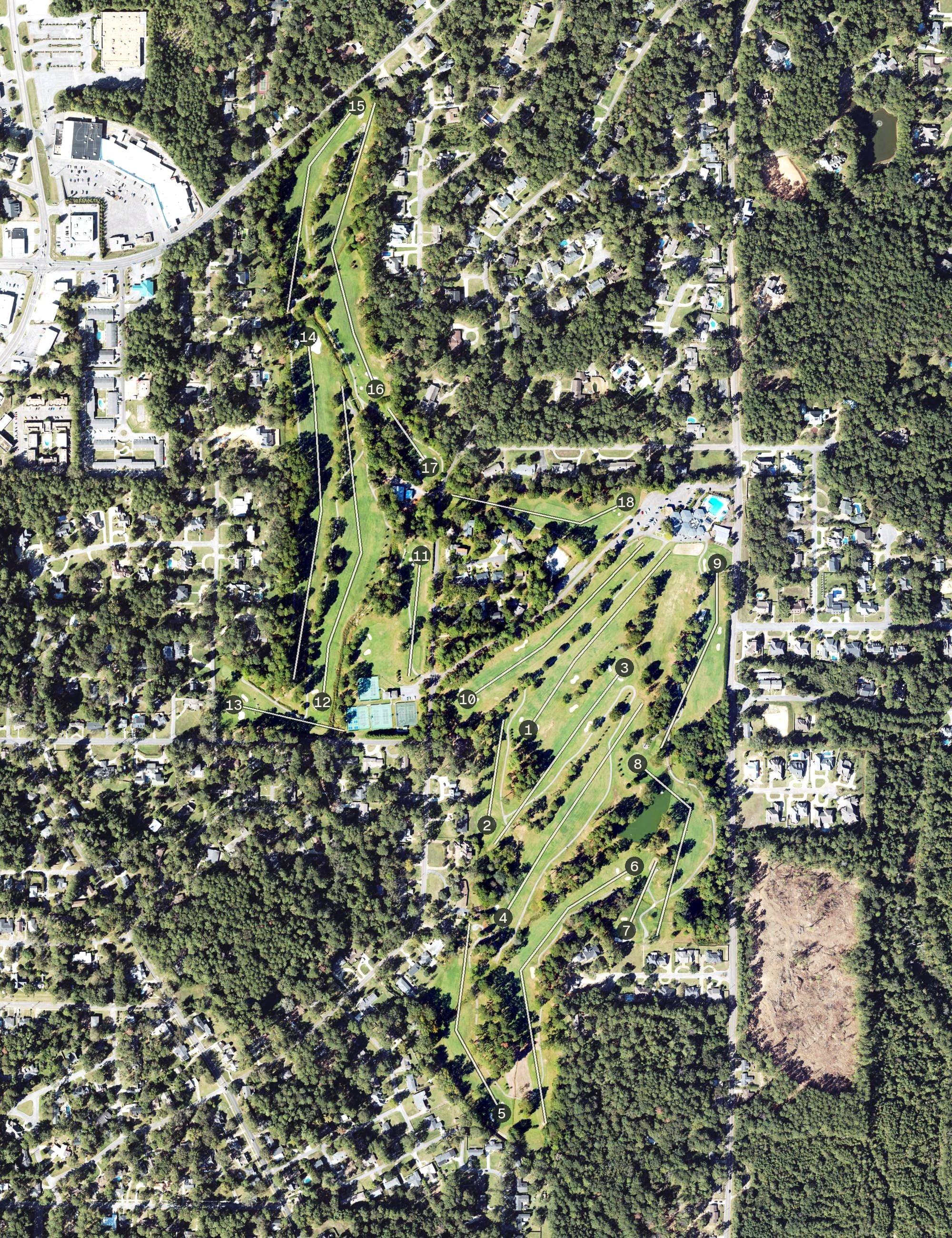 Aerial view of Northwood Country Club, MS, with its hole routing marked